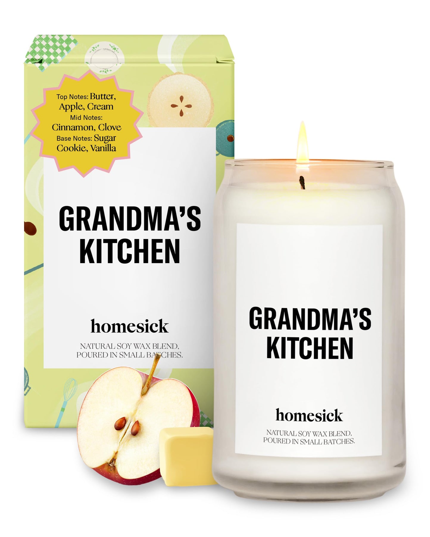 Homesick Scented Candles for Home (Grandma's Kitchen) - 13.75 oz Long-Lasting Natural Soy Wax Blend Jar Candle Gifts for Women & Men, 60-80 Hours Burn Time - Notes of Butter, Apple & Cream