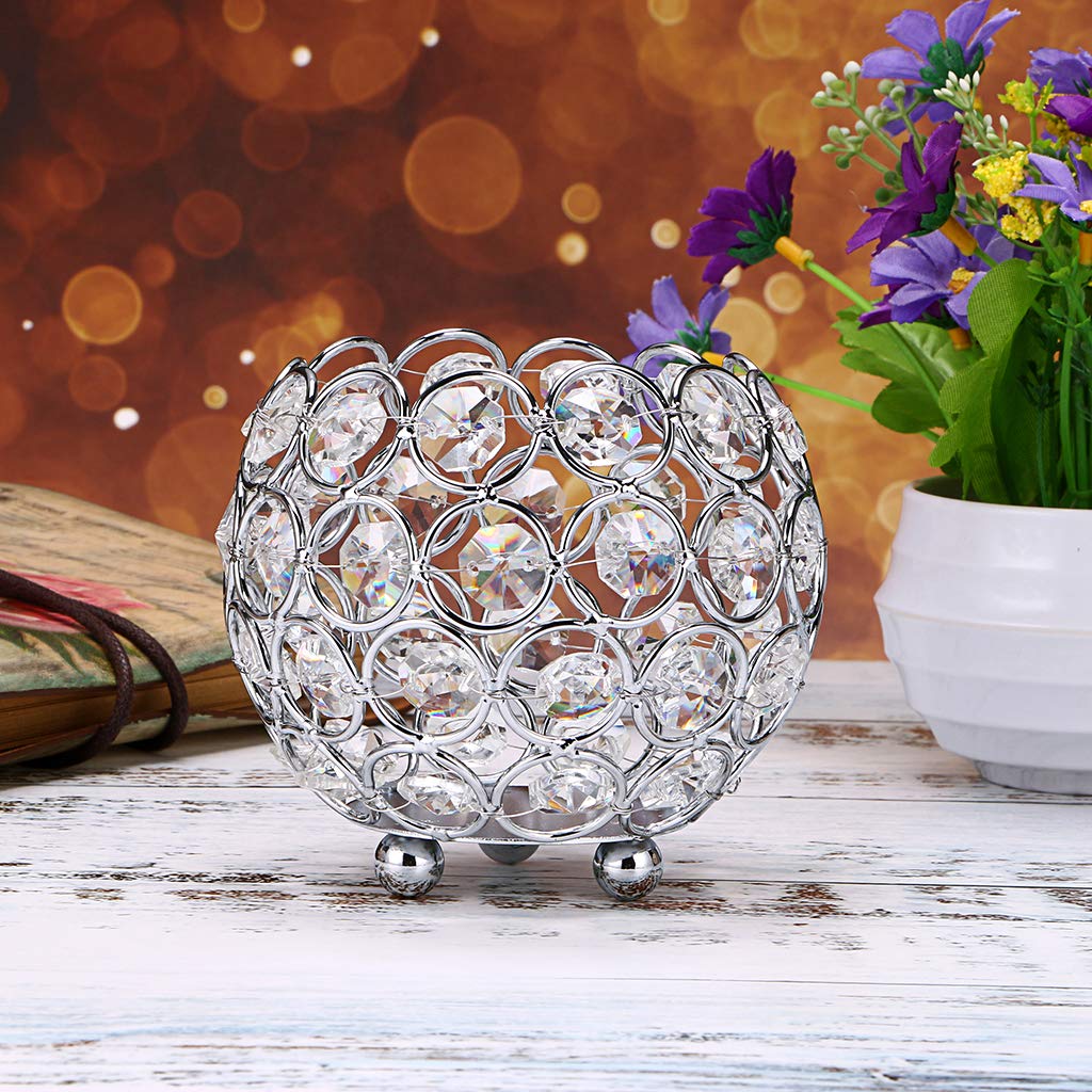 OwnMy 10cm Crystal Bowl Votive Candleholder Sparkly Tea Light Candle Holders Candle Lanterns Decorative Candelabra Vase for Christmas New Year Wedding Table Centerpieces (Silver Tone)