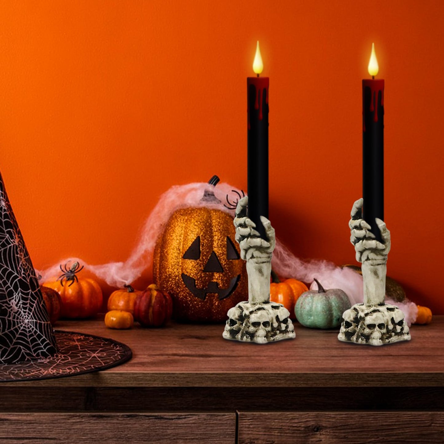 Eldnacele Halloween Flameless Taper Candle Lights Battery Operated with Remote and Timer, 2 Pack Skeleton Hand Holders Black Dripping Wax Effect LED Flickering Candles Home Decor(3” x 12”)