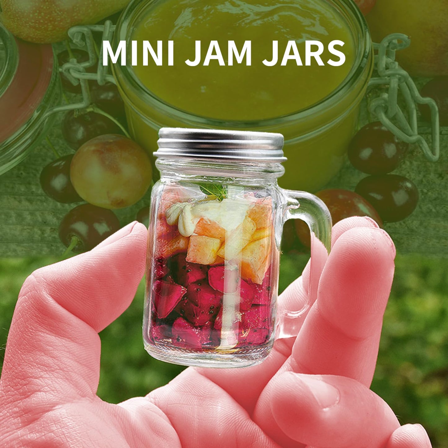 eispap 6 Pcs Mini Mason Jar with Handles,1.7oz/50ml,Premium Shot Glasses with Leakproof Lids for Drink,Dessert,Condiments,Jams,Candle,Craft (6)