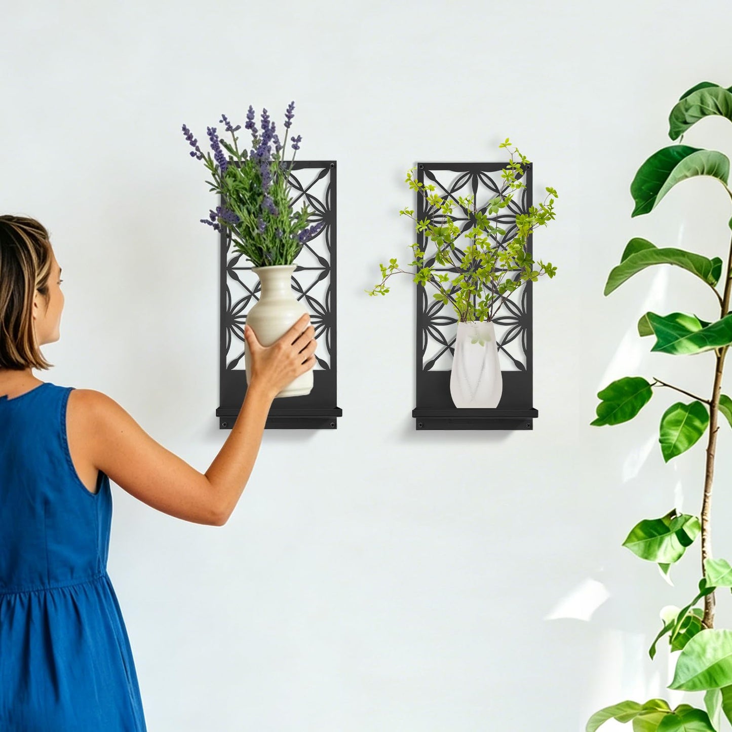 Doodlream 2 Pack Candle Wall Sconces, Retro Black Metal Wall Candle Holders, Foldable Floating Shelves with Rectangle Floral Geometric Back, Farmhouse Wall Decor for Entryway Living Room Bedroom