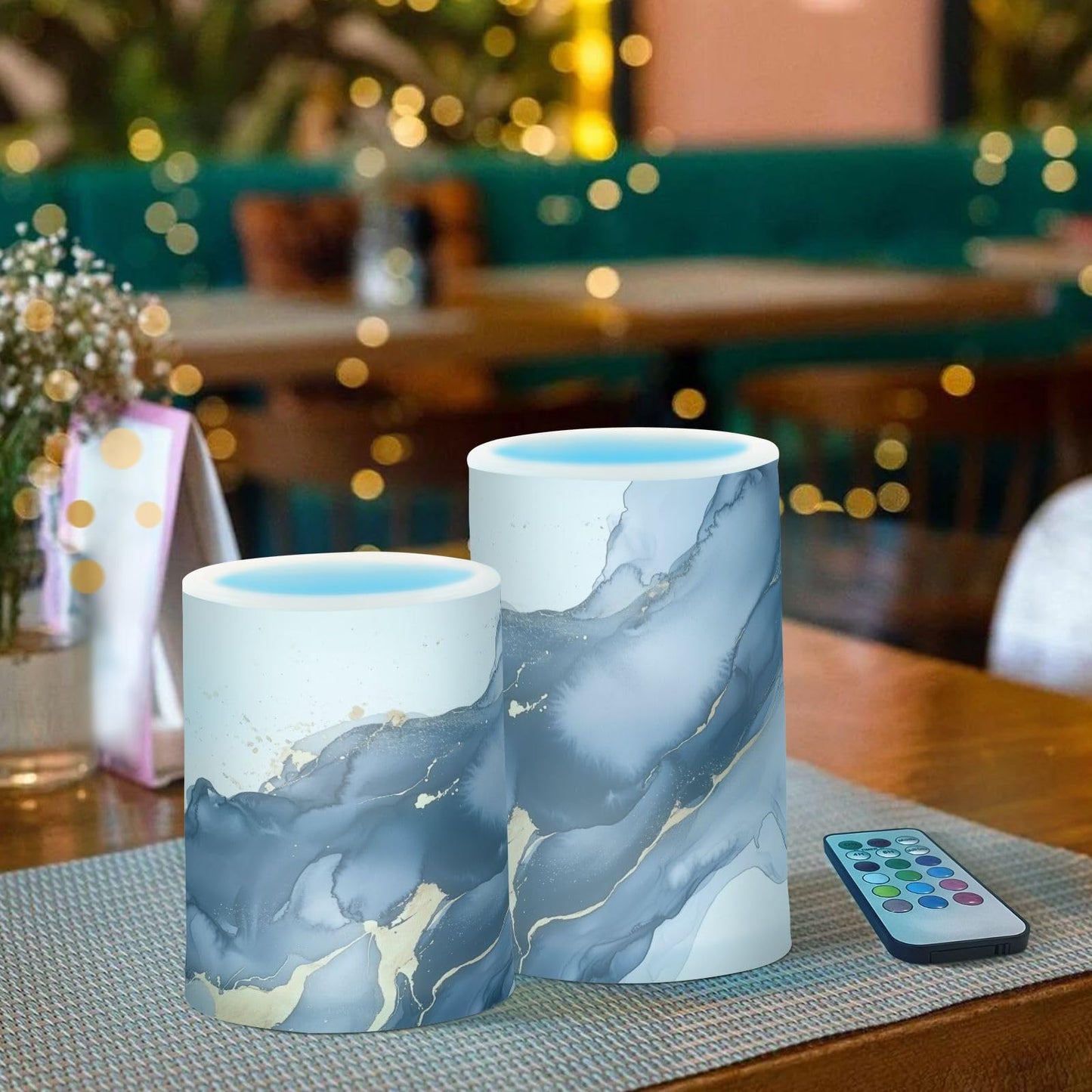 WEVIBOFU Blue and Gray Gold Marble Flickering Flameless Candles LED Battery Operated with Remote Timer Pillar Candles for Home Birthday Wedding Christmas Decor, Set of 2