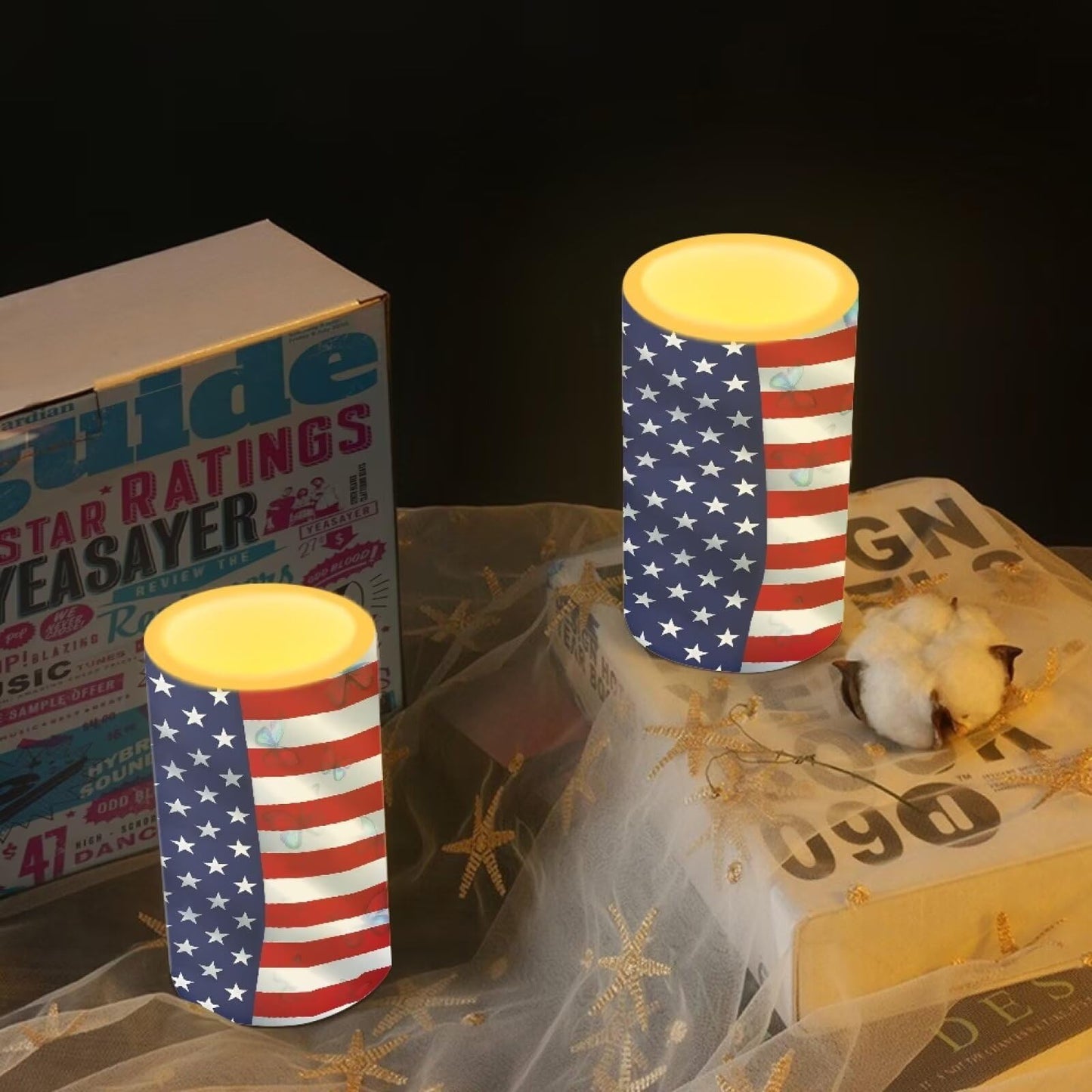 Luarisgur Flameless Candles LED American Flag Decorative Candles Butterfly Print Battery Operated Ornage Flickering Candles with 18-Key Remote Timer Pillar for Home Living Room Party Table Decorations