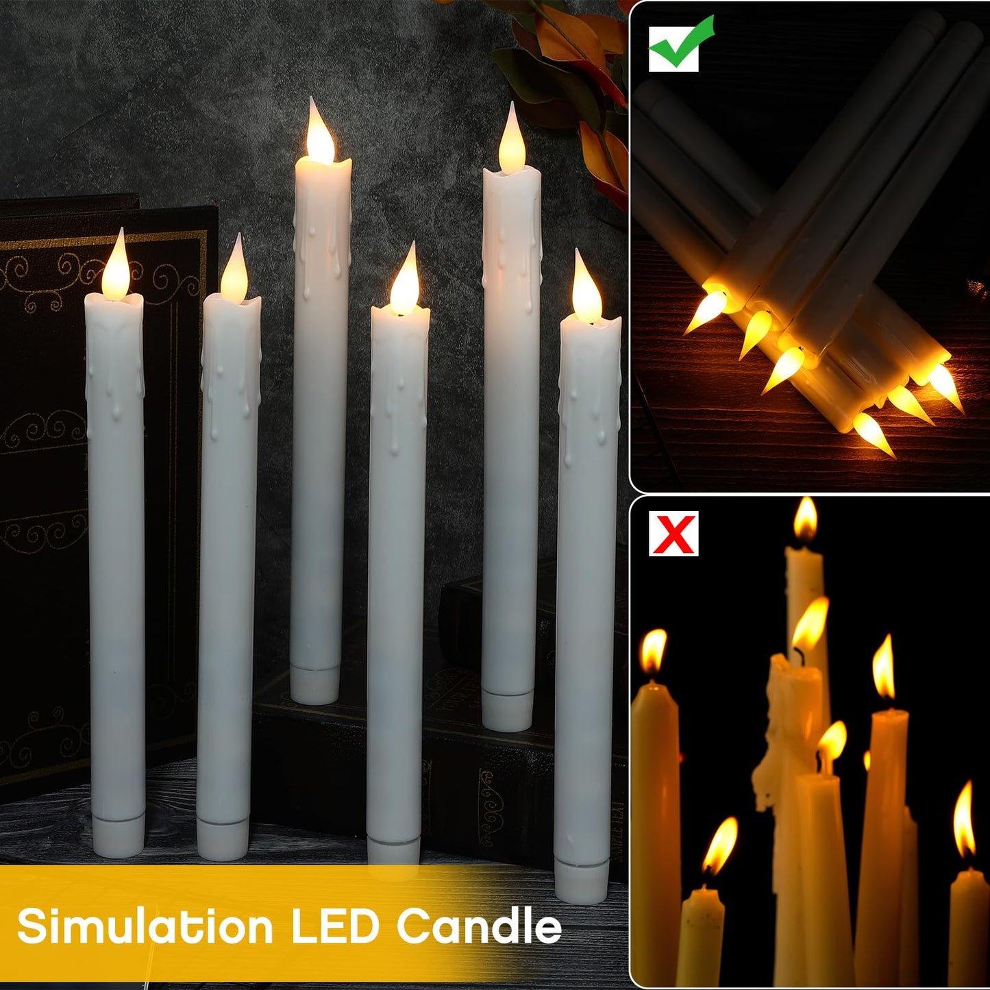 Baquler 24 Pcs 10 Inch White Flameless Taper Candles Dripless Battery Operated LED Flickering Candlesticks Window Candle with 3D Flickering Flame for Easter Home Wedding Church Decor