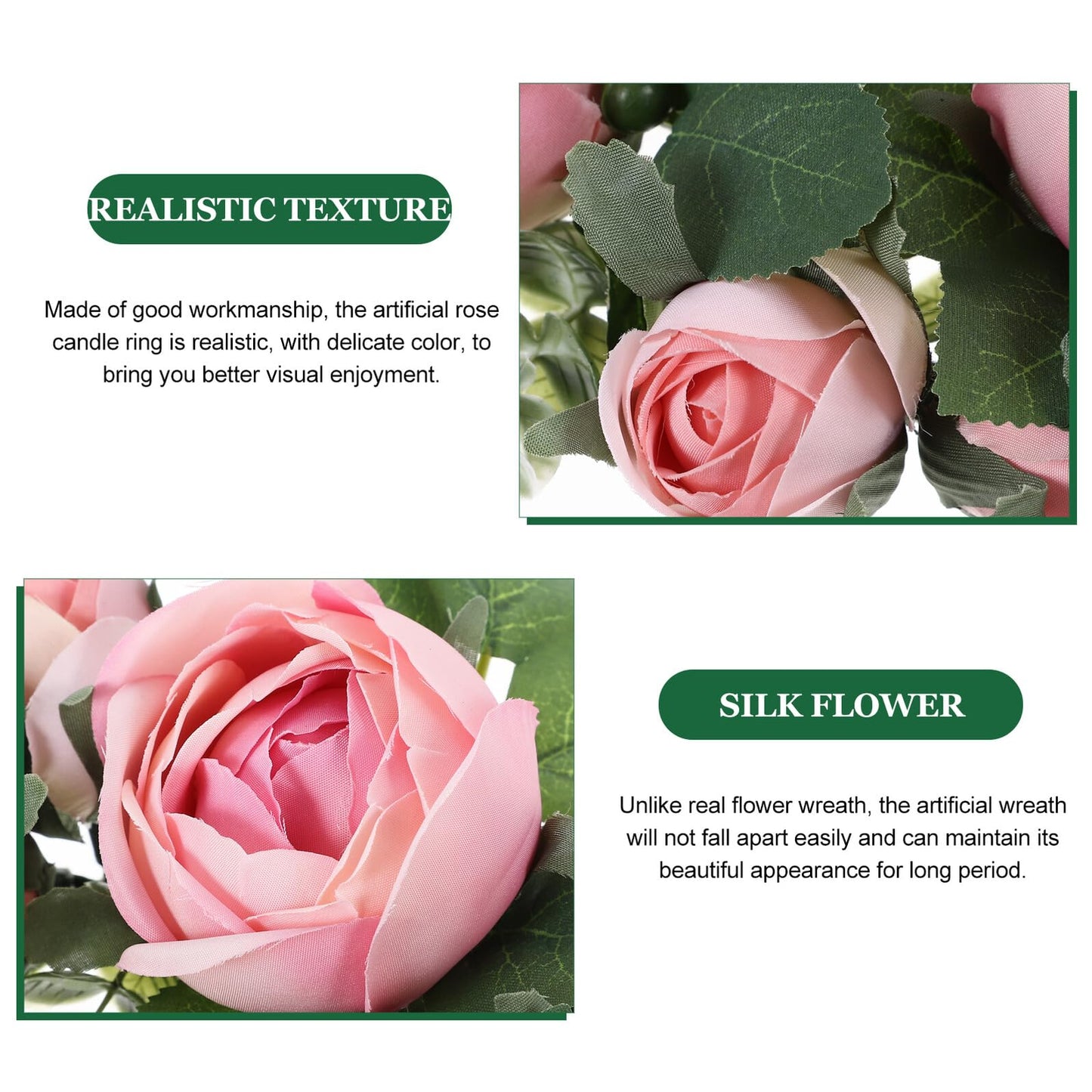 BEBEMOKO Artificial Rose Candle Ring Wreath Floral Table Centerpiece, Light Pink Faux Flower Candle Decor for Wedding, Valentine’s Day Party and Home Decoration