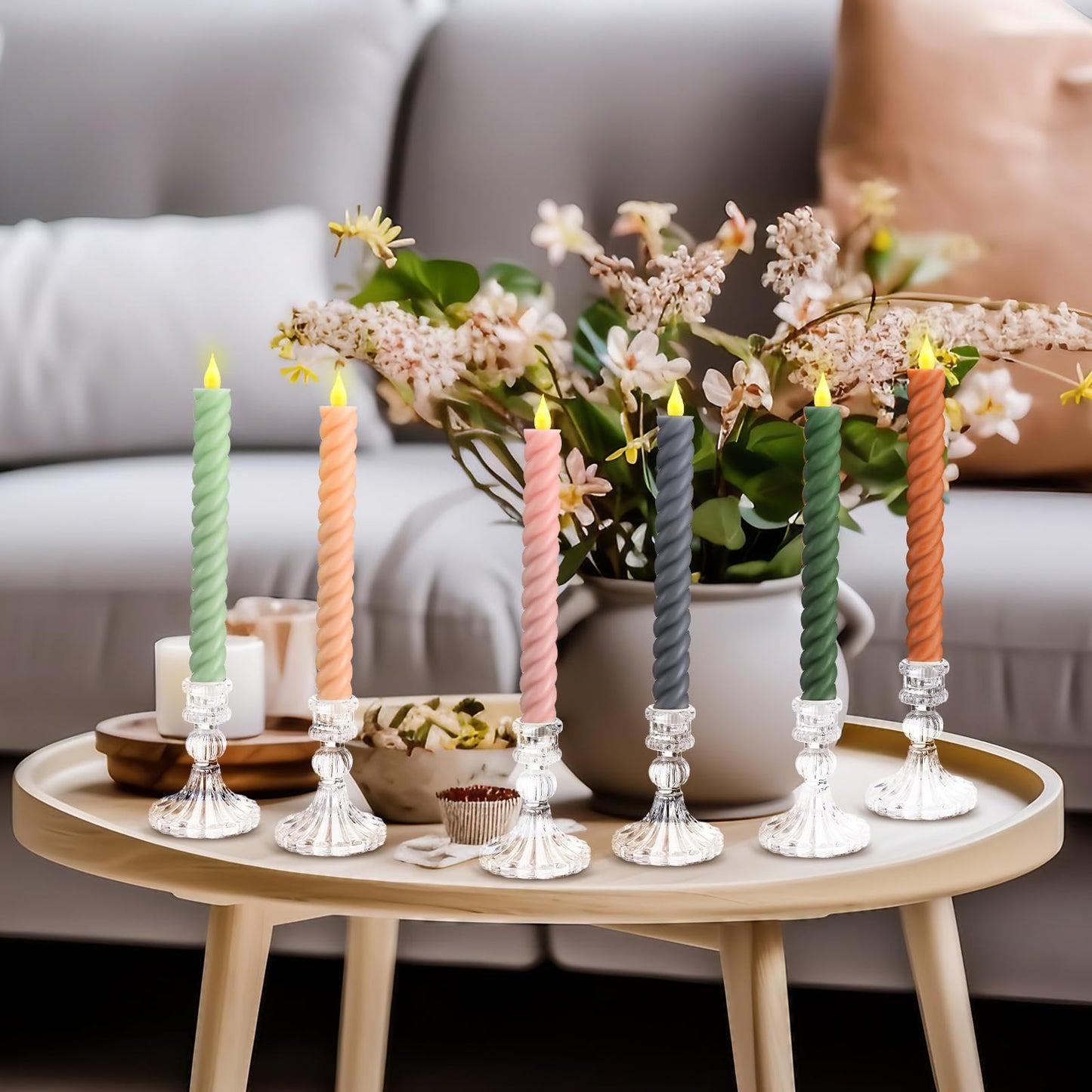Baquler 6 Pcs Pastel Flameless Taper Candle Twisted 9.65 in Spring Colorful Taper Candles Battery Operated Pastel Spiral Candlestick LED for Wedding Birthday Home Party Holiday Dinner Fireplace