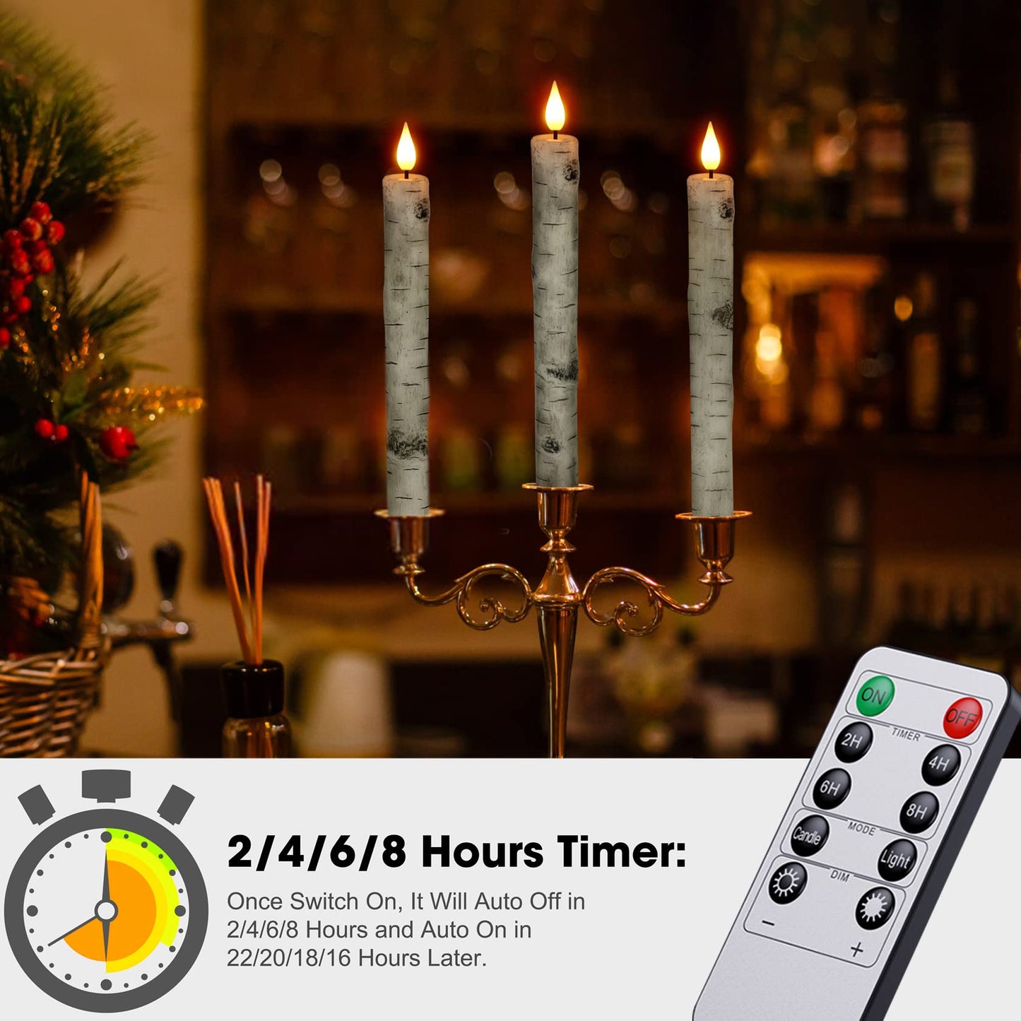 PChero Flameless Taper Candles with Remote Timer, Pack of 3 Birch Bark Real Wax Battery Operated Candlesticks, 9.6 Inches LED Flickering Window Candles for Home Wedding Christmas Decor