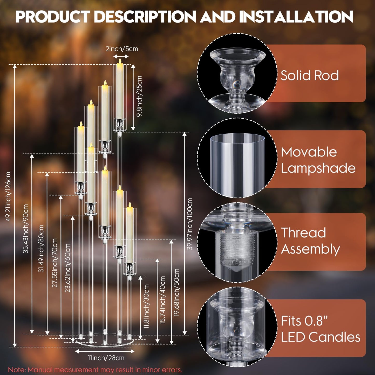 2 Set 8 Arm Acrylic Candle Holder, Mjkeomo 49.2'' Tall Candelabra Centerpieces for Tables Clear Candlesticks Holder for Housewarming Gift Fireplace Halloween Christmas Decor Fit 0.87'' LED Candle