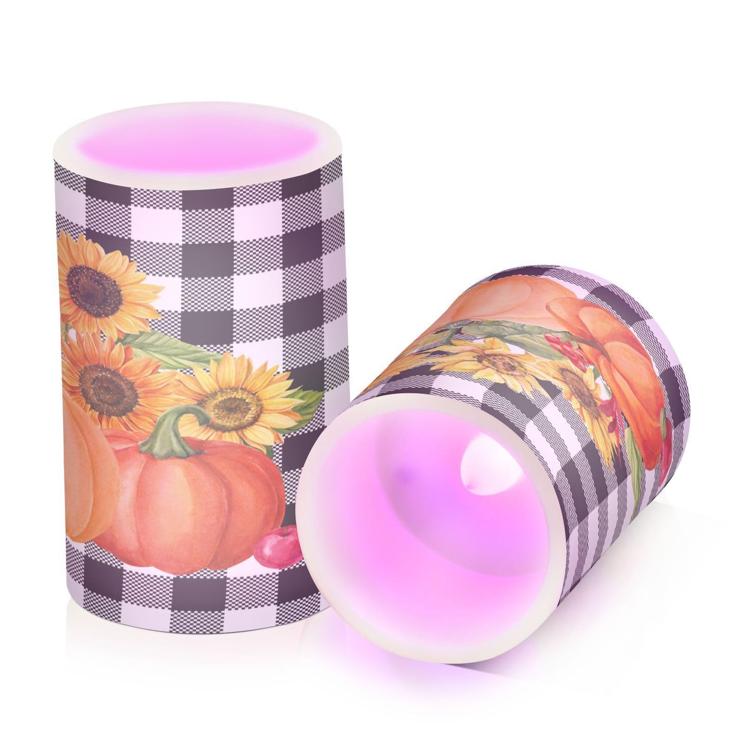 Eionryn Autumn Pumpkins Fall Sunflower Flameless Candles Black and White Buffalo Plaid Battery Operated LED Candles with Remote Timer Electric Candles for Home Party Decor 2pcs