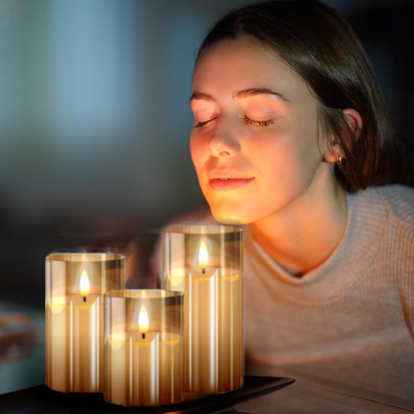 LinYang International Vanilla Scented Flameless LED Candles with Remote & Timer, Real Wax Flickering Pillar Candles in Glass,Battery Operated,for Home Decor,Spa,Gifts,Weddings,Holidays,Set of 3,Gold