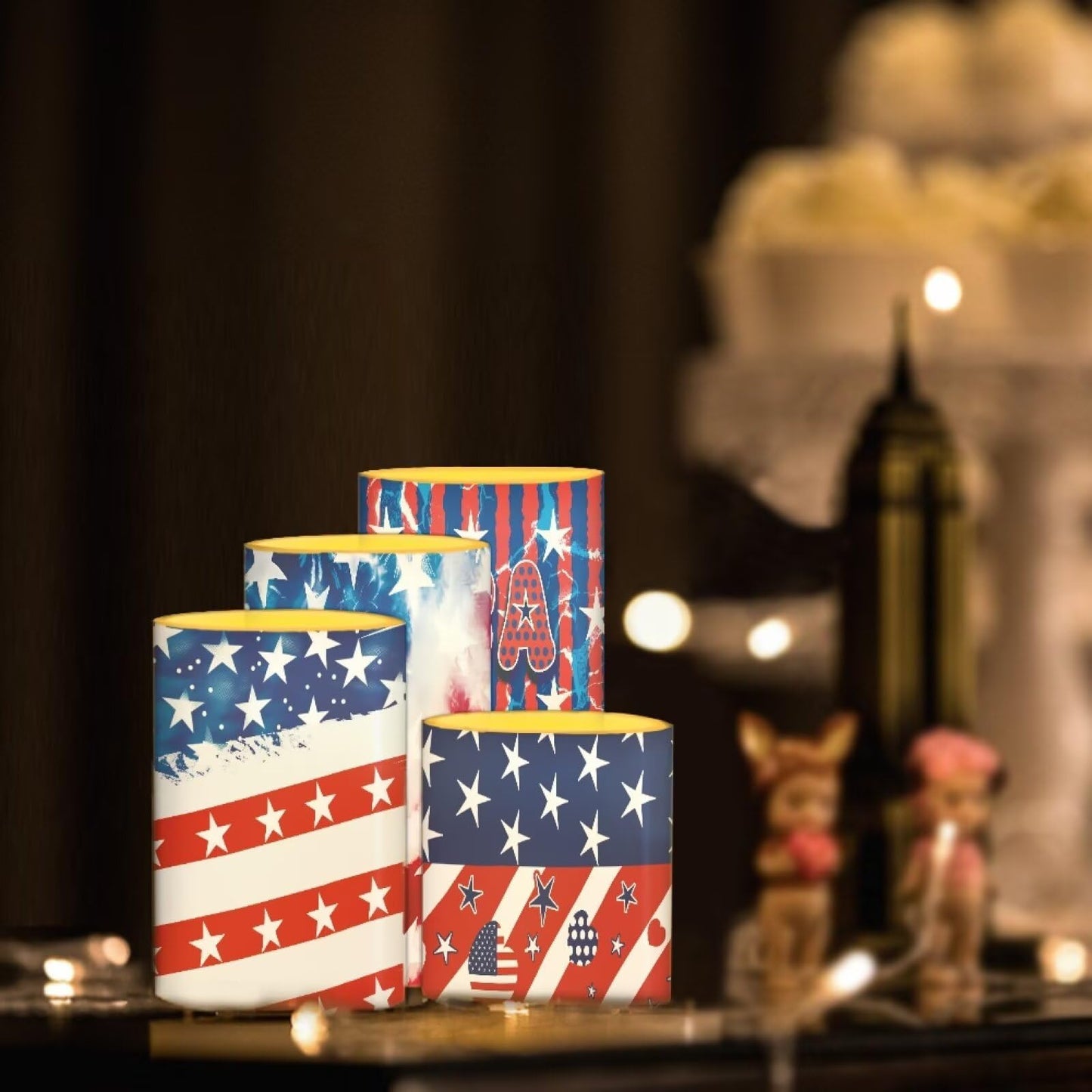 NETILGEN American Flag LED Flameless Candles Set Battery Operated Pack of 4 with Remote Control Timer Dancing Flame Pillar Candles for July 4th Independence Day Decoration
