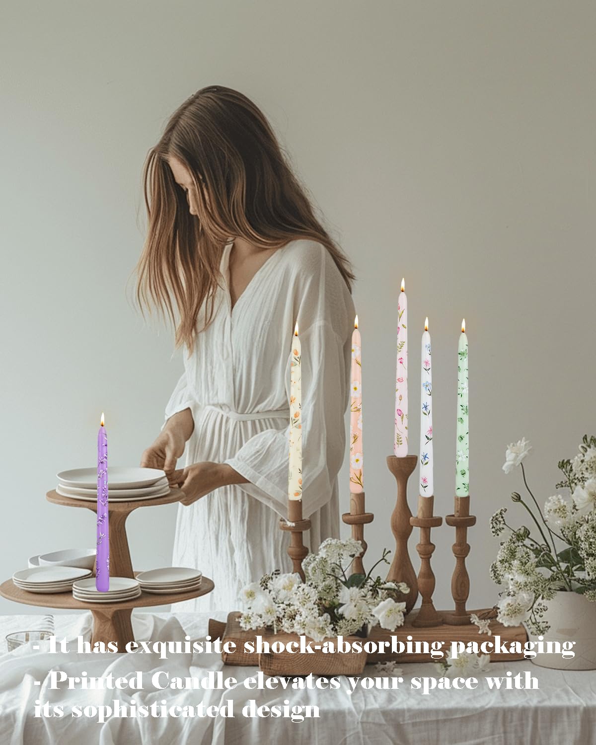 Long Candle Sticks Floral Taper Candle Dripless Candlesticks 10inches Flower Unscented Tapered Candles for Home Party Wedding Restaurant Holiday Decor-4pcs