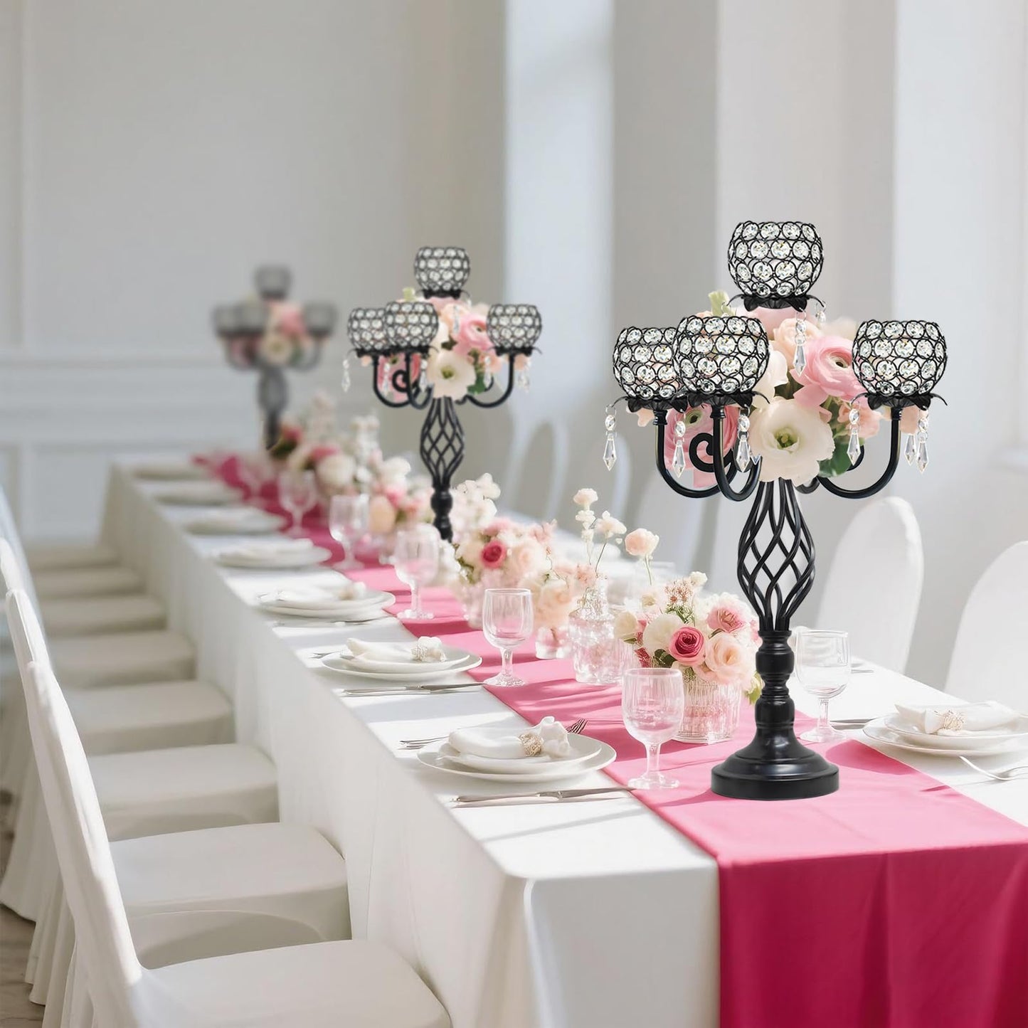 Kehail 5-Arm Crystal Candelabra Centerpiece 23.2" Tall - Elegant Candle Holder Stand with Crystal Bowl, Chic Table Decor for Weddings, Parties, Anniversary & Home Decoration (4, Black)