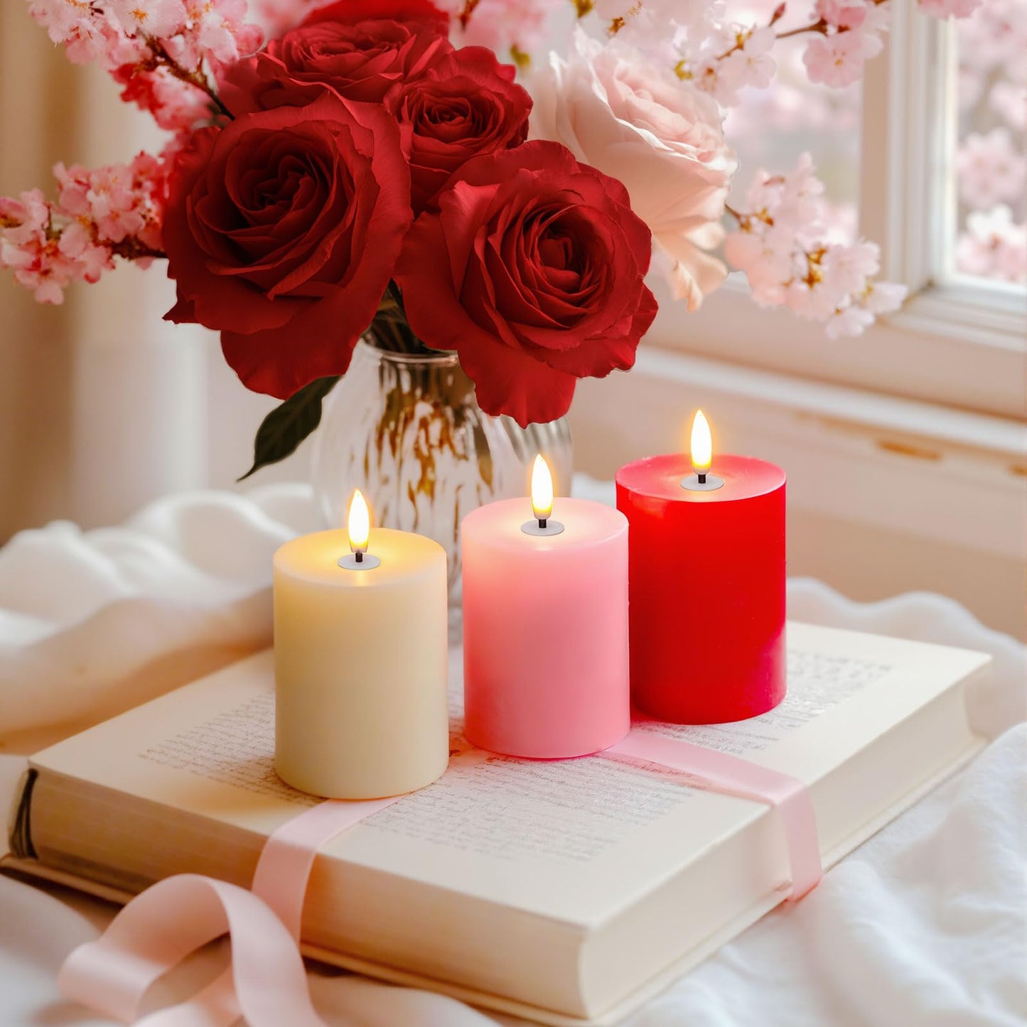 Tuanse 6 Pcs LED Flameless Candles 4.3" Battery Operated LED Lights Electric Decorative Pillar Candle for Wedding Party Decorations Room Dinner Decor Gifts(Red, Pink, White)