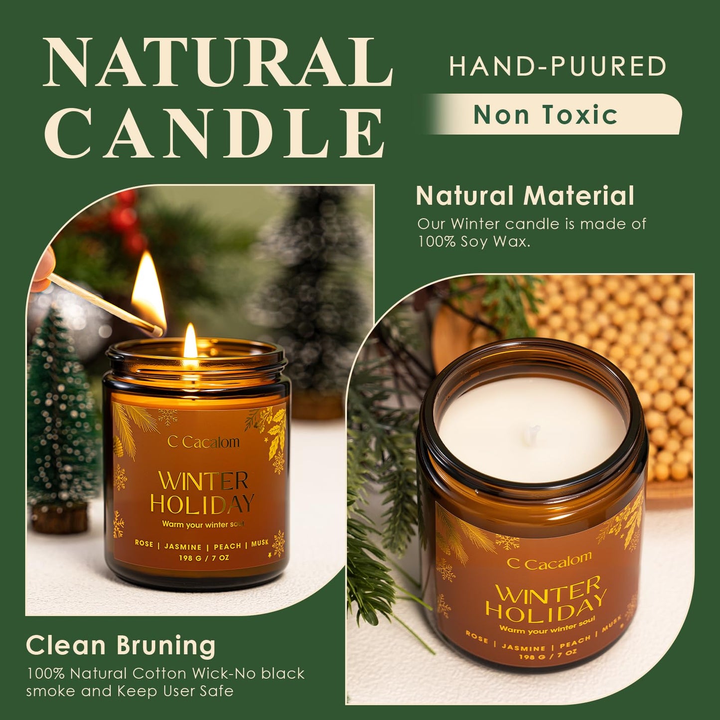 Christmas Soy Candles for Christmas Home Decor Non-Toxic Aromatherapy Scented Candles for Holiday Christmas Gifts, Cozy Cute Jar Candle, Winter Candle for Women Men, Siberian Fir Candle