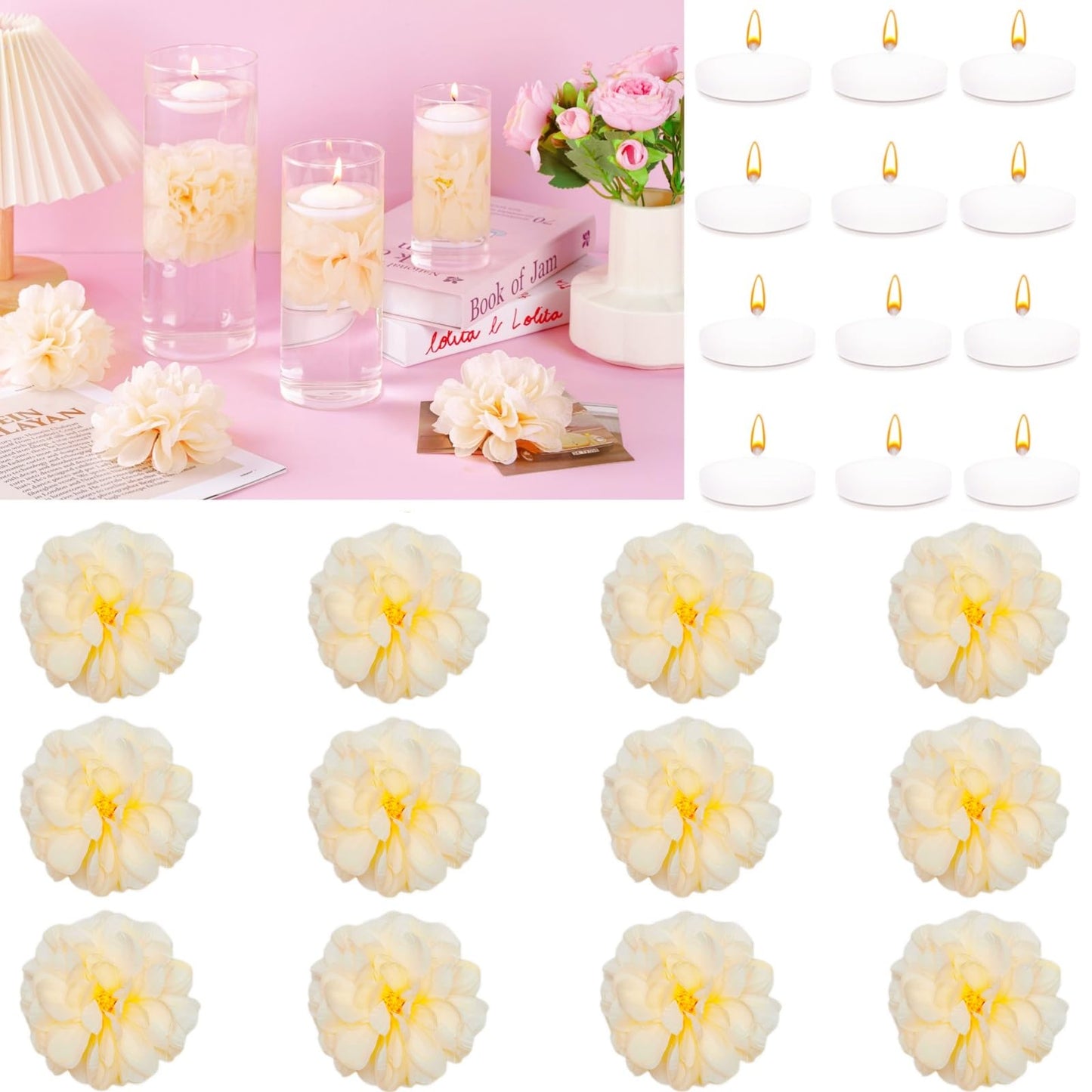 24 Pcs Floating Candles for Centerpieces and Floating Flowers for Centerpieces Champagne Artificial Flowers Vase Fillers for Wedding Table Party Home Decoration