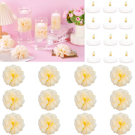 24 Pcs Floating Candles for Centerpieces and Floating Flowers for Centerpieces Champagne Artificial Flowers Vase Fillers for Wedding Table Party Home Decoration