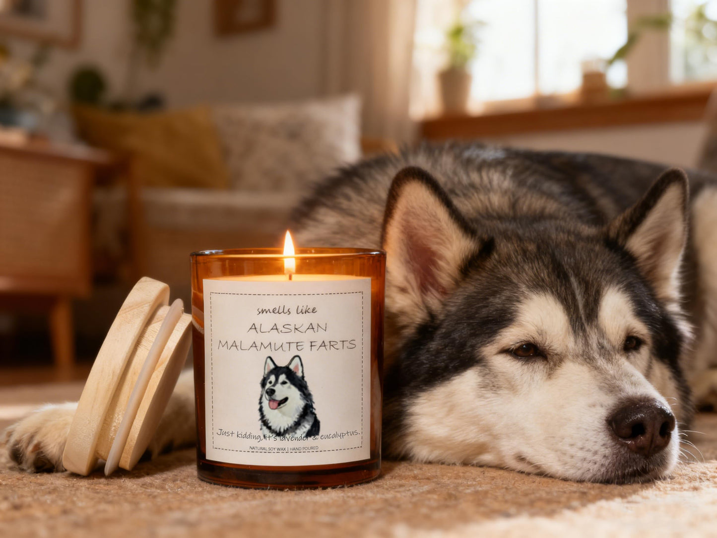 Alaskan Malamute Gifts & Decor, Dog Mom Gift for Women, Smells Like Alaskan Malamute Farts Candle - Lavender & Eucalyptus, Crafted by Natural Soy Wax & Natural Essential Oils