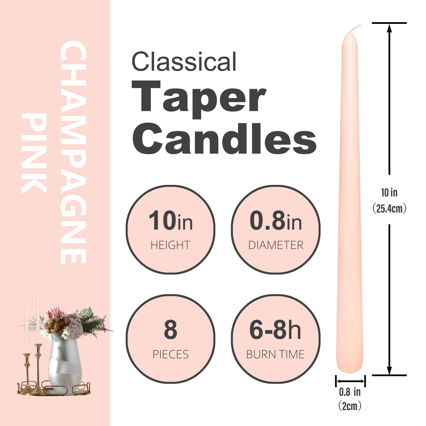 8 Pack 10 Inch Pink Champagne Taper Candles Long Burning Time Dripless Candles for Dinner Home Decor Wedding Parties and Celebrations