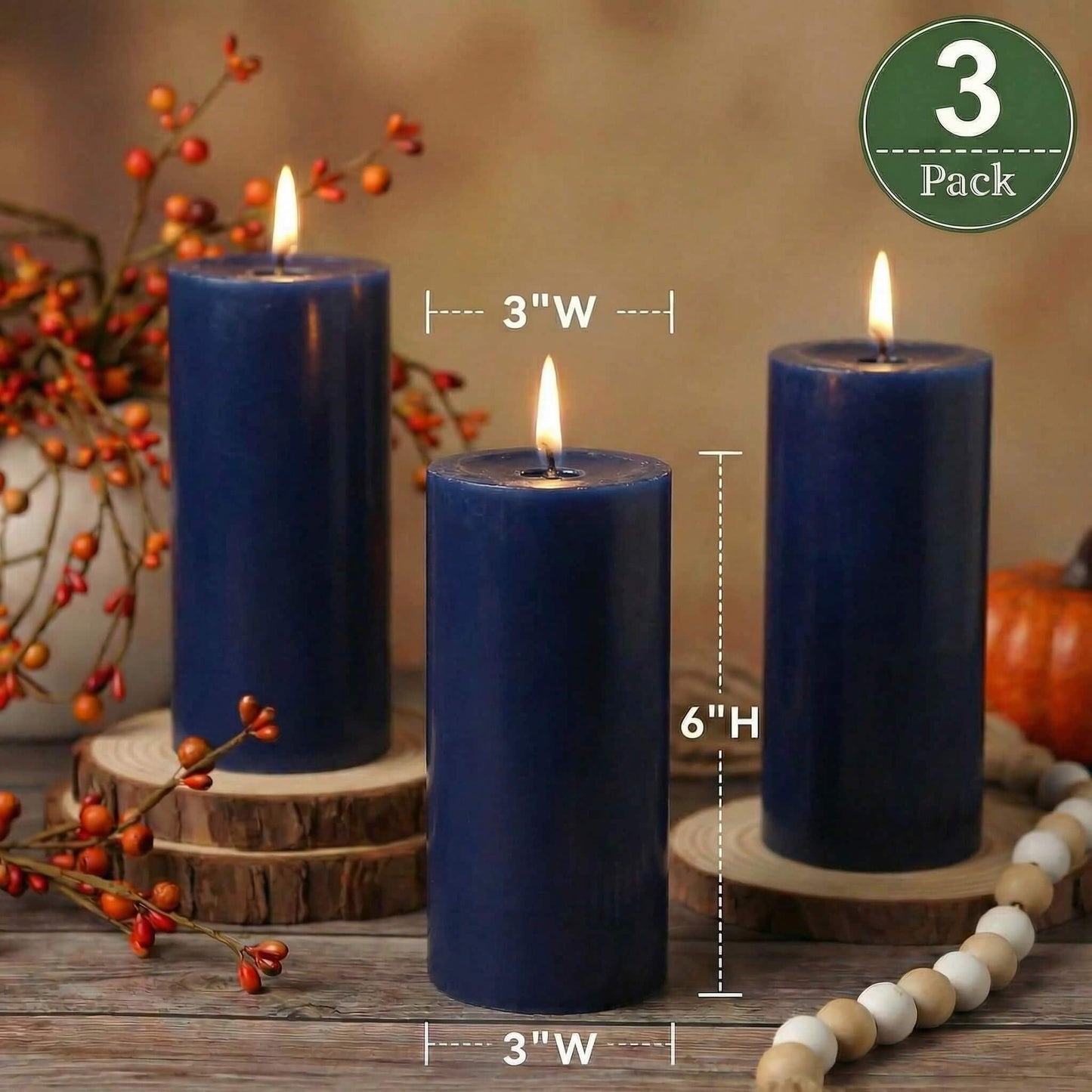Richland Set of 3 Navy Blue Pillar Candles 3" x 6" Unscented for Weddings Home Holidays Relaxation Spa Church
