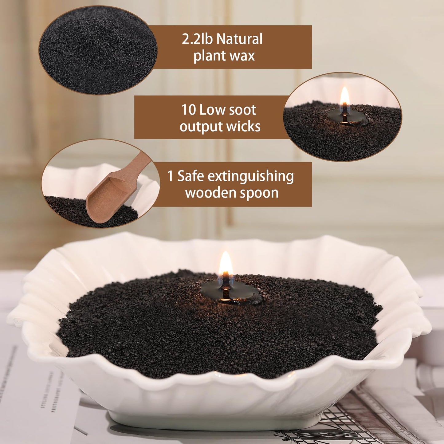 REISEN 2.2lb/35OZ Candle Sand Wax- Unscented Black Sand Candle with 10 Wicks & Wooden Spoon, Non Toxic Natural Wax Beads, Refillable Making Kits for Powder Candle Making