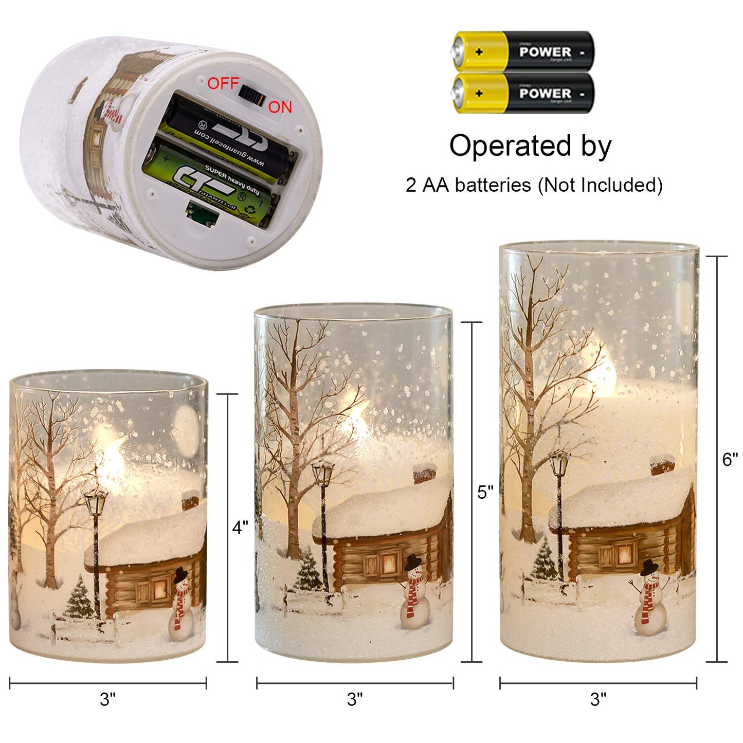 Wondise Snowman Glass Flameless Candles with Remote and Timer, Battery Operated Real Wax LED Flickering LED Candles White Cold Light Window Christmas Holiday Decor D3 x 4",5",6"