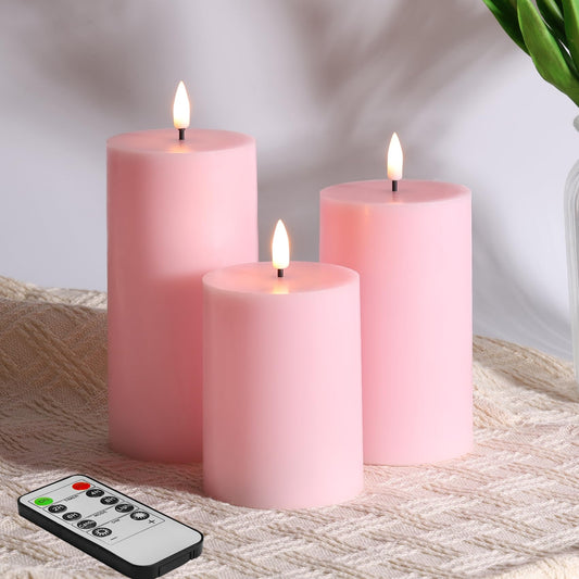 Girimax Pink Flameless Pillar Candles with Remote, LED Candles Battery Operated, Real Wax Flickering Electric Fake Candles Set of 3
