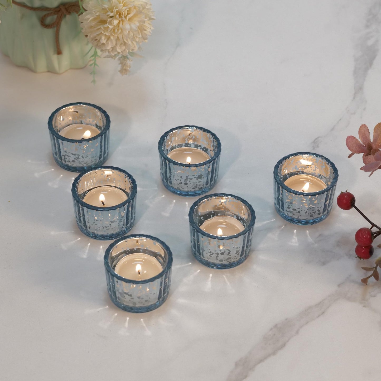 Round Clear Votive Candle Holders Set of 12, Purple Wedding Centerpiece Table Decorations, Mercury Glass Tealight Candle Holder for Bridal Shower, Baby Shower & Home Decor (Blue)