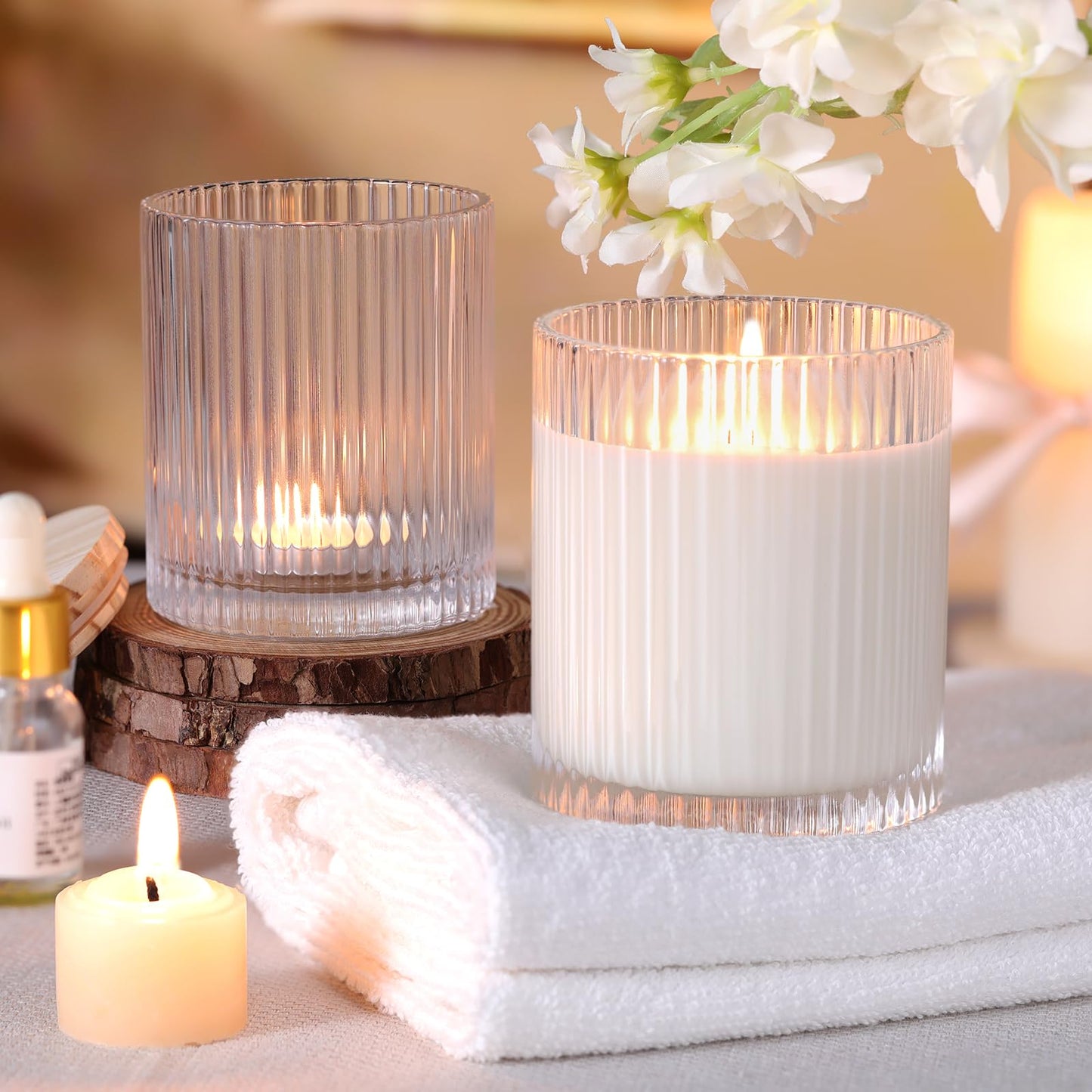 sunnyfuture 10 OZ Clear Candle Jars for Making Candles Set of 8, Ribbed Glass Candle Jars with Wood Lids and Labels, Candle Containers for DIY, Gifts, Home Decoration