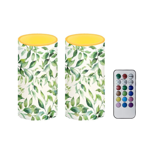 NETILGEN Flameless LED Battery Candles 2PCS Battery Powered Flickering Pillar Candles with 4H 8H Timer & Remote Multicolor Lights for Home Indoor Outdoor Decoration, Green Leaf White