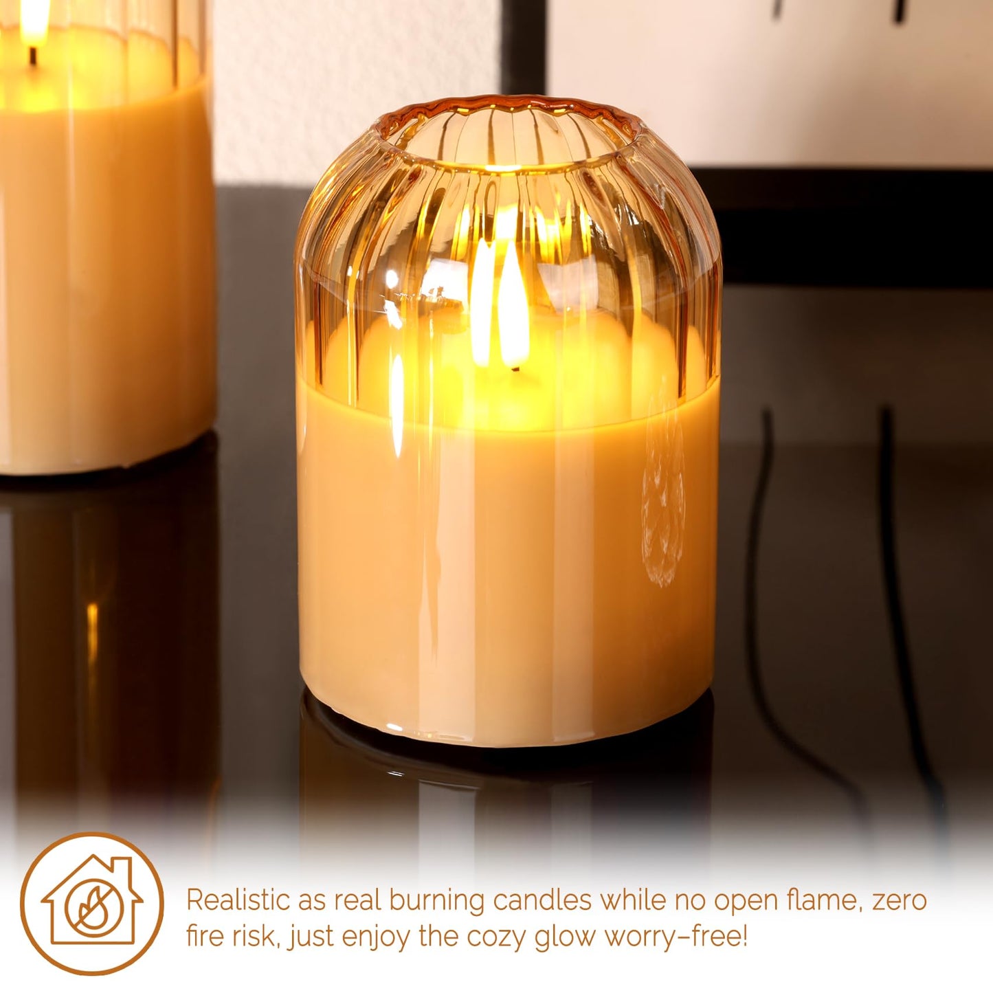 Girimax Gold Glass Flameless Candles with Remote, Real Wax Flickering Battery LED Pillar Candles Set of 3
