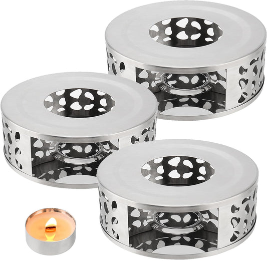 HOIGON 3 PCS Teapot Warmer, Stainless Steel Brushed Tea Pot Warmer Base with Tealight Candle Holder, Silver