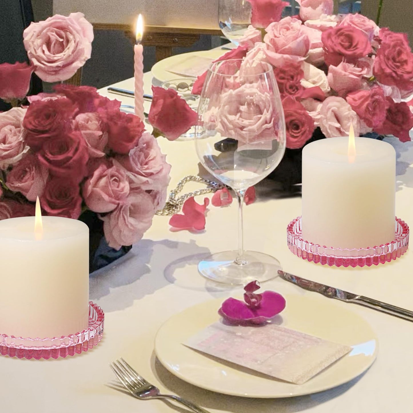 CHOCSTAY Glass Pillar Candle Holder, 4" Pink Candle Plates Set of 3, Glass Candle Holders for Wedding, Party, Holiday, Home Decor, Table Centerpiece