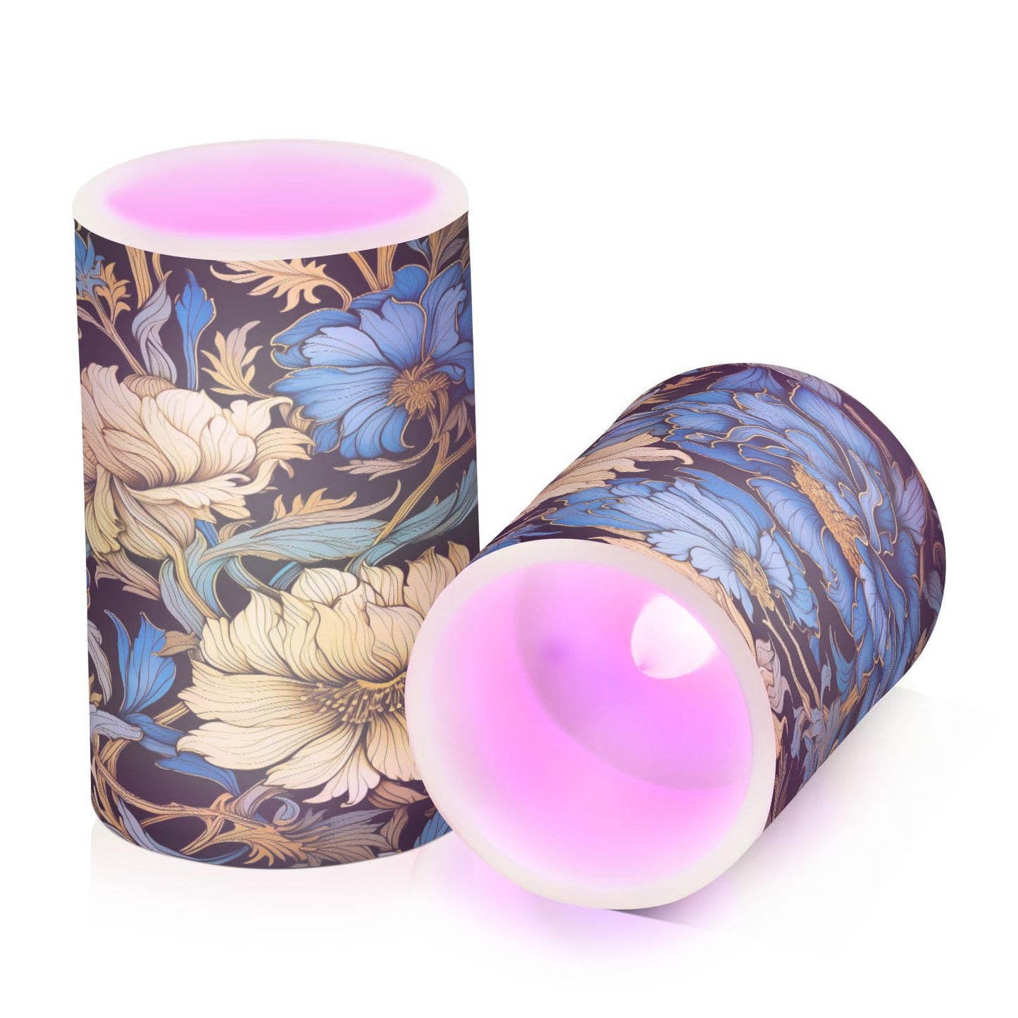 ALAZA Blue Gold Luxury Flowers Flickering Flameless Candles Battery Operated with Remote Timer,Tea Light Candles LED Pillar Votive Candles Set of 2 for Outdoor Indoor Decorations