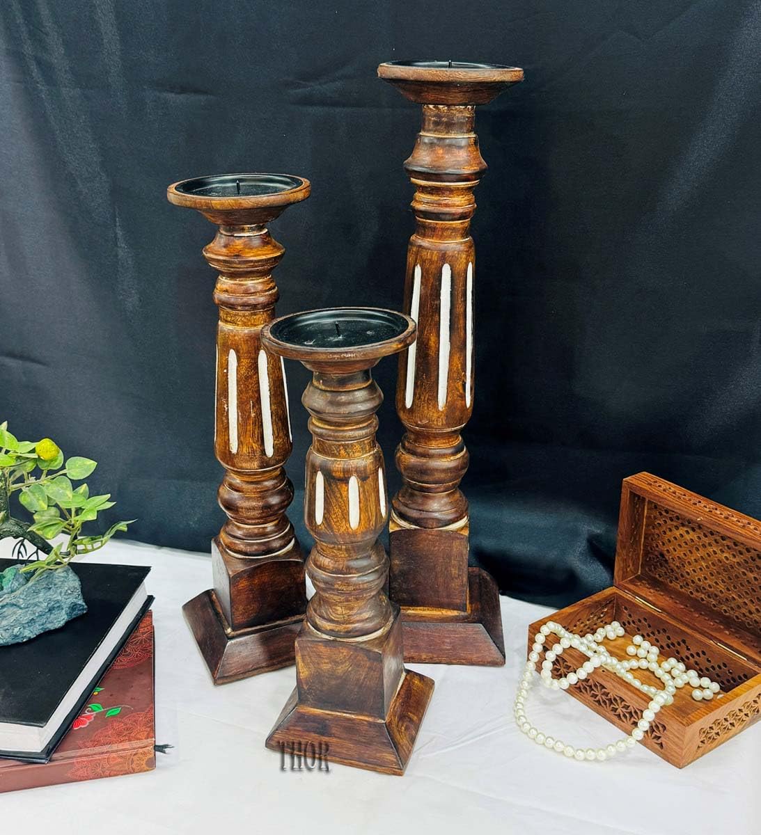 Pillar Candle Holders Set of 3, Candle Holders for Pillar Candle,Mango Wood Candle Holder for Coffee Dining Table, Wedding, Christmas, Halloween, Home Decoration,Brown