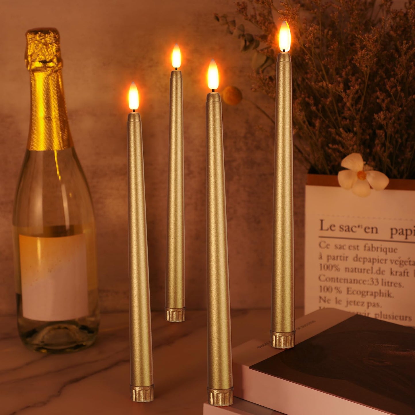 Macarrie 24 Packs Flameless Taper Candles Battery Operated Fake 11 Inch Long Candlelight LED Flameless Candlesticks Flickering Tapered for Spring Summer Wedding(Gold)