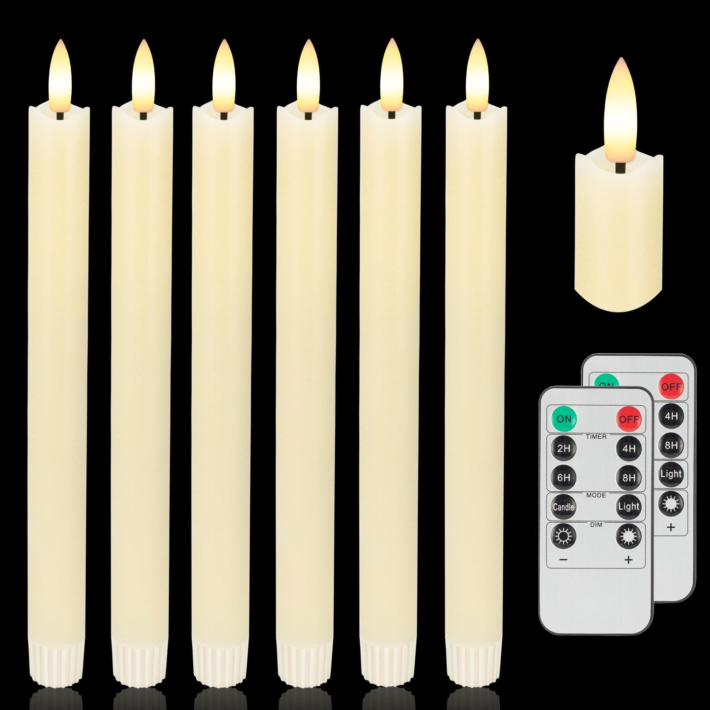 AFINETH Flameless Taper Candles with Two Rmote, 9.6" Real Wax Battery Operated Candles with 3D Wick, 6 Pack Led Flickering Candlesticks, Electric Candle for Home, Wedding, Party, Decor, Ivory