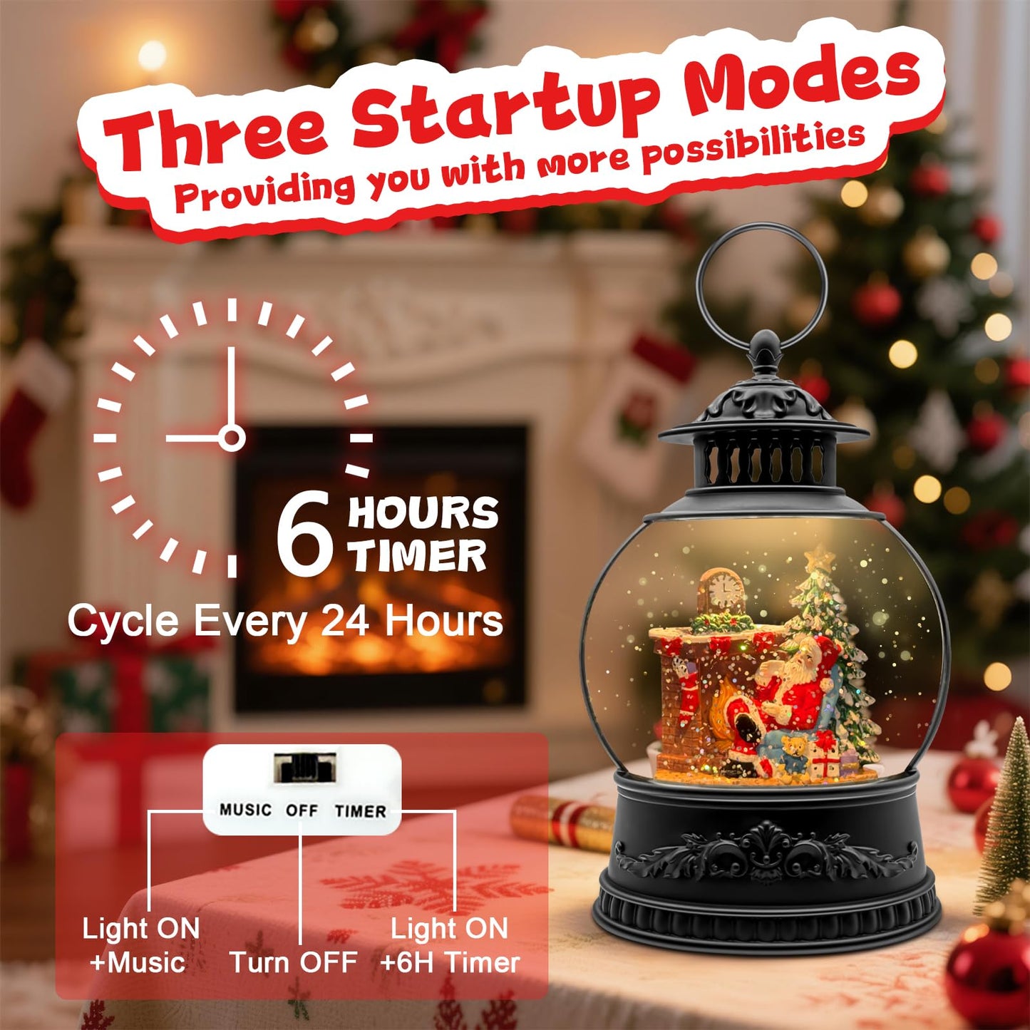 Christmas Snow Globe, Christmas Decorations Indoor, Glittering Santa Snow Scene with Music and 6H Timer, USB Lined/Battery Operated, Christmas Lantern for Holiday Decorations, Tabletop Decor for Home