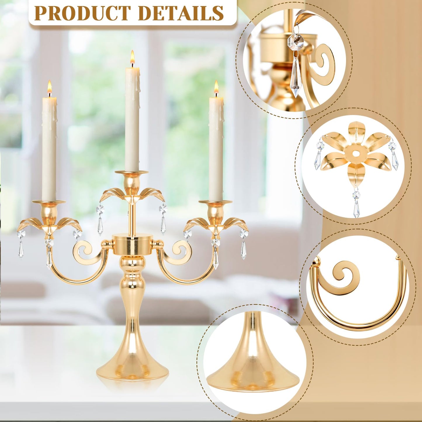 KEHAIL Metal 3 Arm Gold Candelabra with Crystal Pendants - 11.8 Inch Tall Candle Holders, Set of 6 - Elegant Taper Candlestick Stand for Wedding, Dining Table, Party Home Decoration
