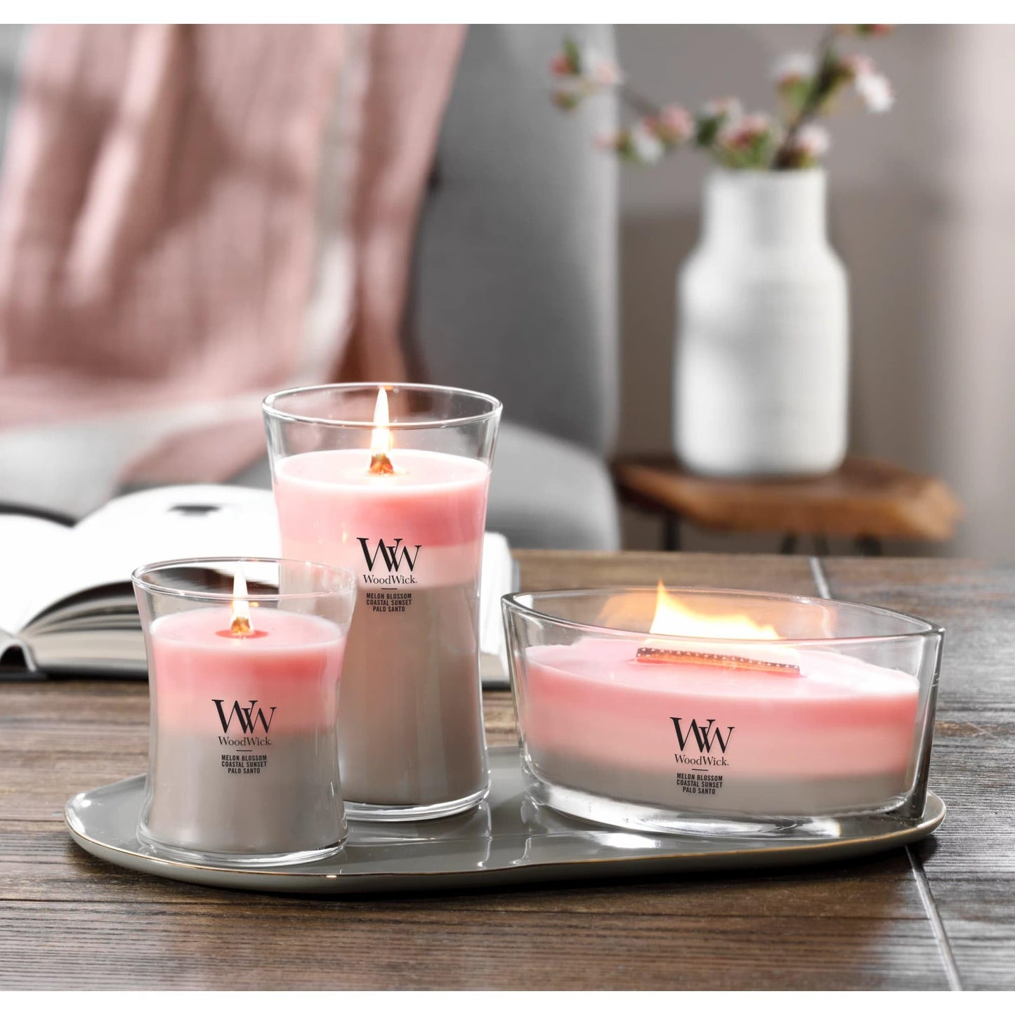WoodWick Shoreline Trilogy Gifts for Women and Men, 21.5 oz Large Hourglass Trilogy Candle with Crackling Wick