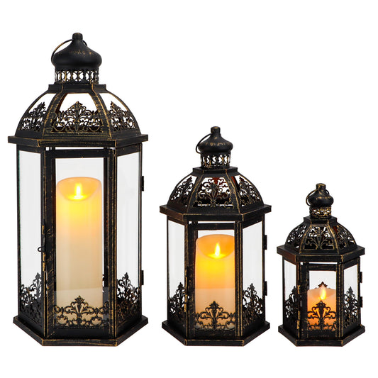 TRIROCKS Large Set of 3 Decorative Lanterns 19''&13.5''&9.5" H Vintage Hanging Lantern Metal Candleholder with Tempered Glass for Indoor Outdoor Home Decor Parties Garden(Black with Gold Brush)