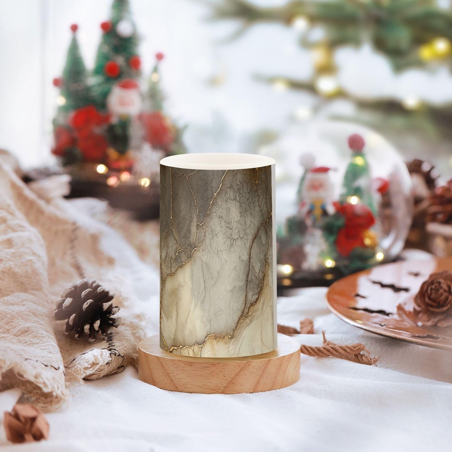 Zathe Flameless Flickering Candles Remote Led Pillar Candles for Home Decor Marble Brown Beige