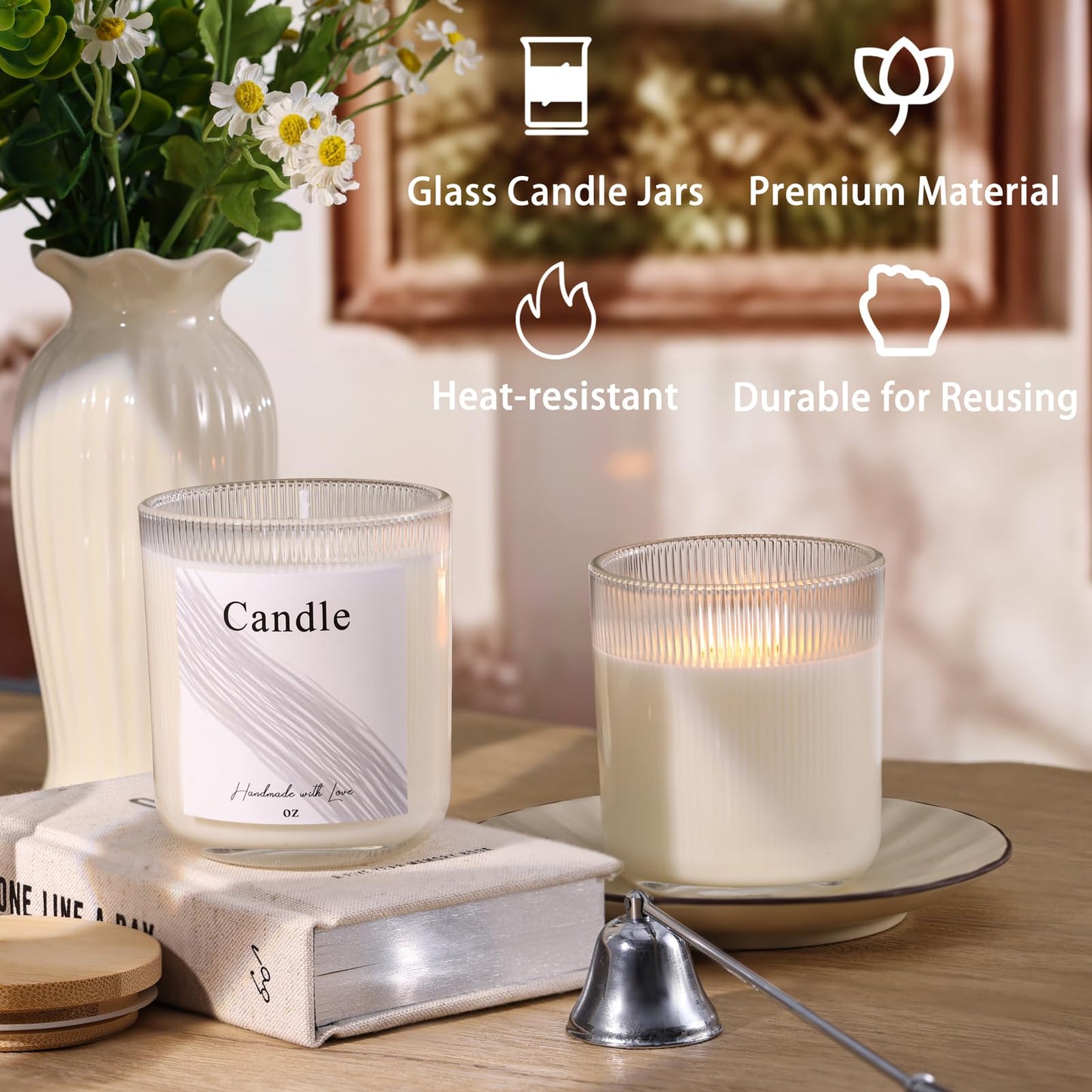 LAMORGIFT 10 oz Glass Candle Jars, 9 Pack Candles Jars for Making Candles, Inner Ribbed Candle Containers Vessels Bulk with Labels for Home Decor/Holiday Gift Crafting- Clear