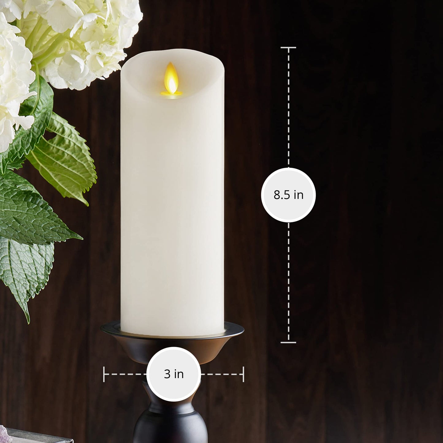 Luminara Realistic Moving Flame LED Candle (3"x8.5") Scalloped Edge Smooth Finish Real Wax Pillar, Battery Operated (2 C) 600 Hr Runtime, Timer, Remote Ready, Unscented - White