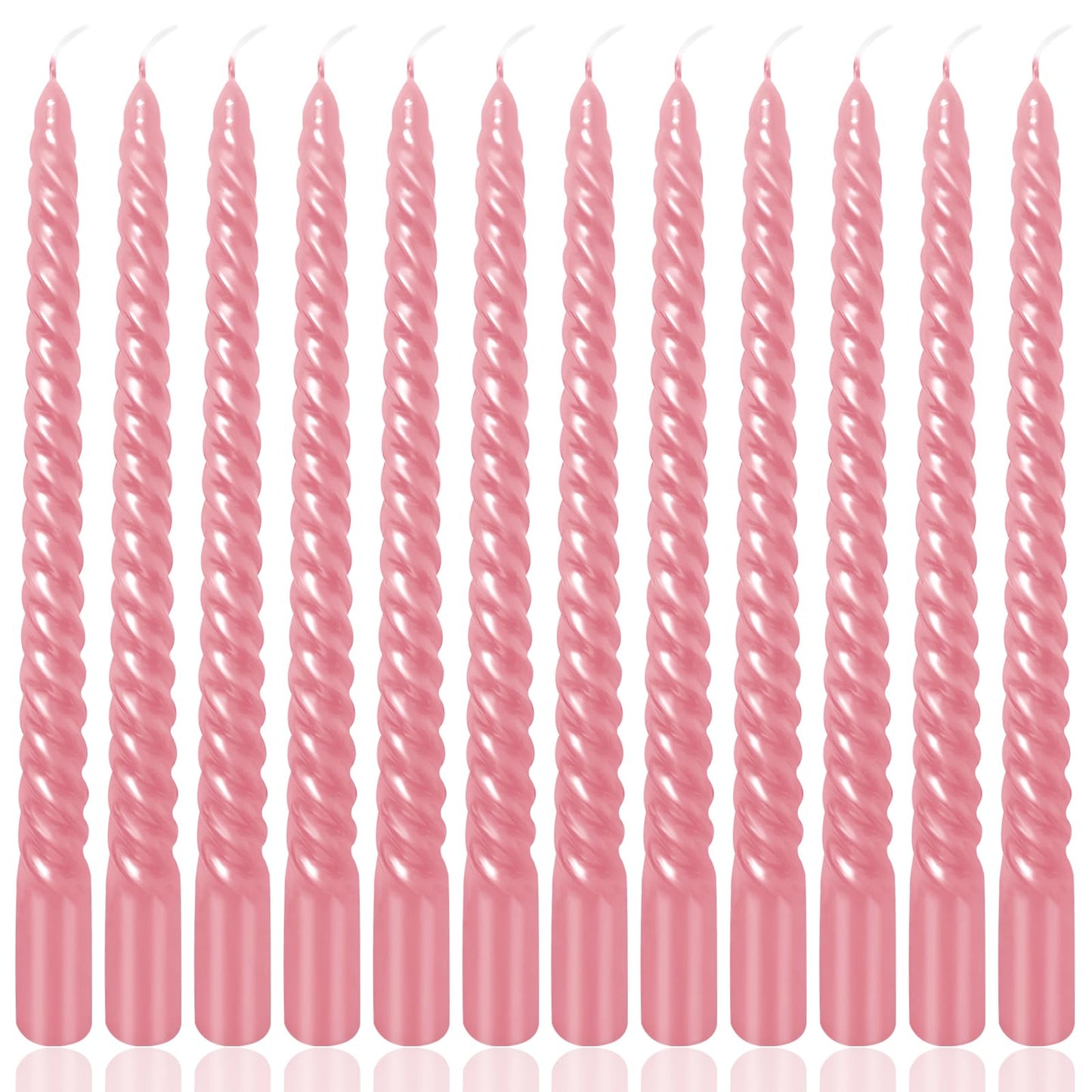 10 Inch Metallic Pink Spiral Taper Candles Set for Holiday Decor, 12 Pack Unscented Twisted Candlesticks, Dripelss Thin Tapered Candles for Wedding Dinner Holiday