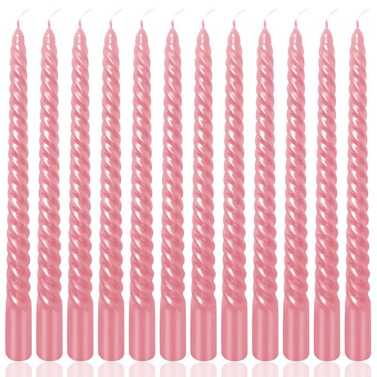 10 Inch Metallic Pink Spiral Taper Candles Set for Holiday Decor, 12 Pack Unscented Twisted Candlesticks, Dripelss Thin Tapered Candles for Wedding Dinner Holiday