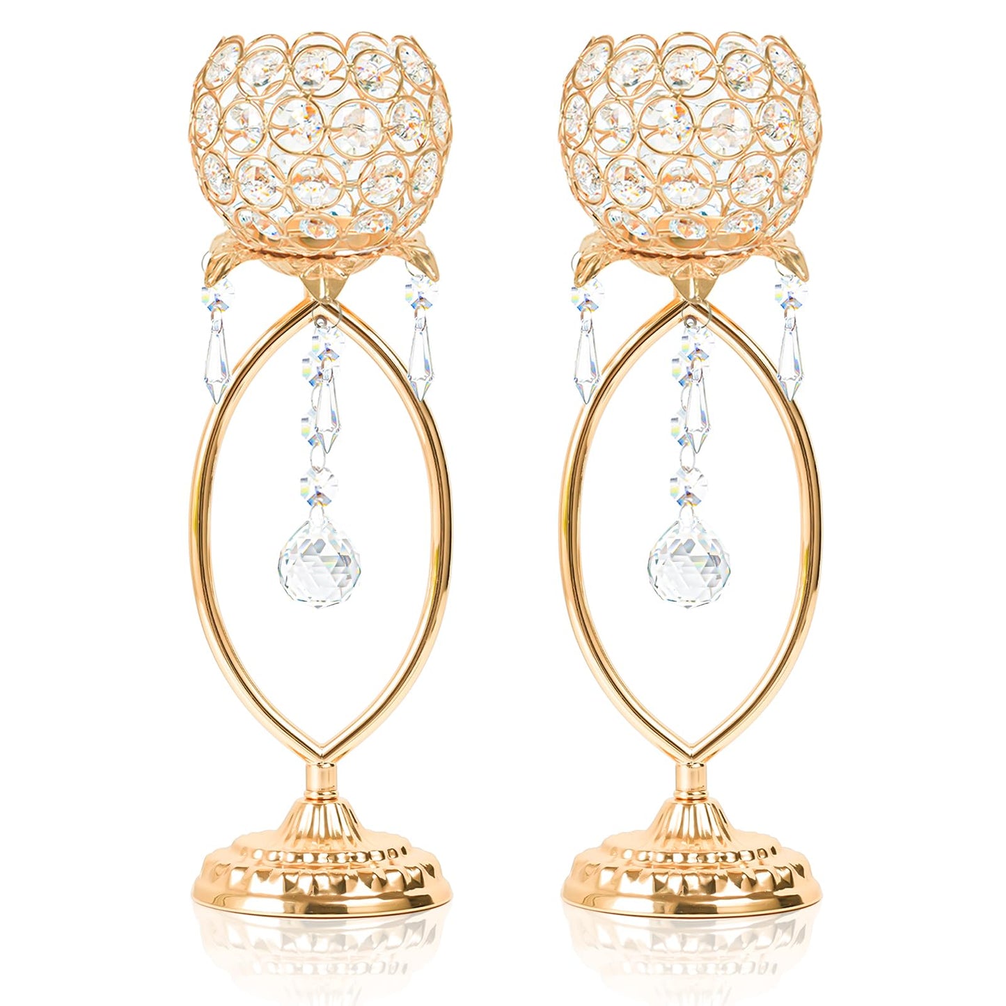kehail 2 Pcs Gold Elegant Metal Crystal Tea Light Candle Holders with Bling Crystal Pendants, Hollow Design - Wedding Table Centerpieces for Anniversary Birthday Party, Home Decor