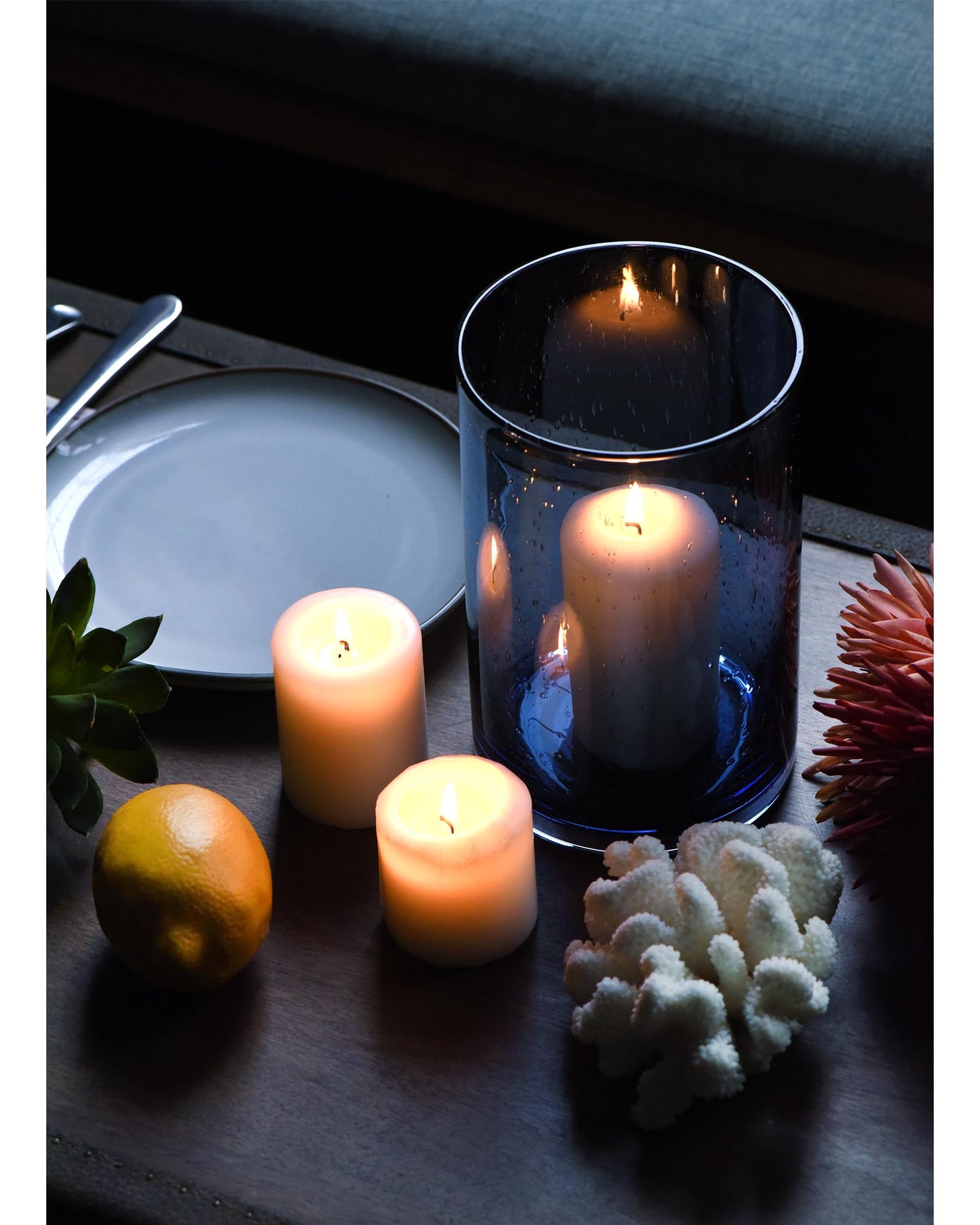 ARIAMOTION Glass Hurricane Candle Holder for Pillar Blue Cylinder Vase Flower Centerpiece Seeded Bubbles Modern Table Decoration for Kitchen Living Room 8 Inch 5 inch Diam