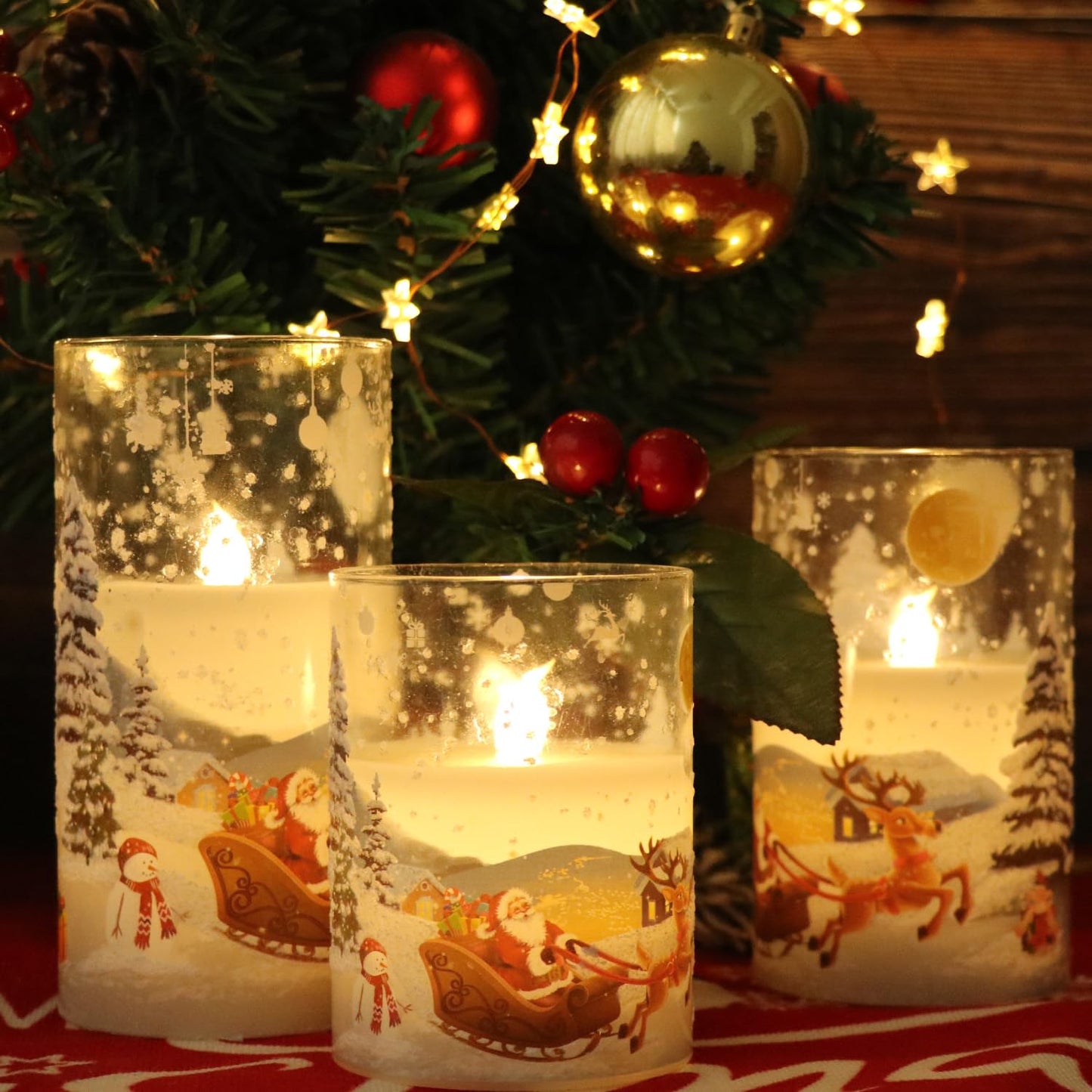Wondise Santa Claus Glass Flameless Candles Remote and Timer, Battery Operated Real Wax LED Flickering Pillar Candles White Cold Light Window Christmas Holiday Decor D3 x H4, 5", 6"
