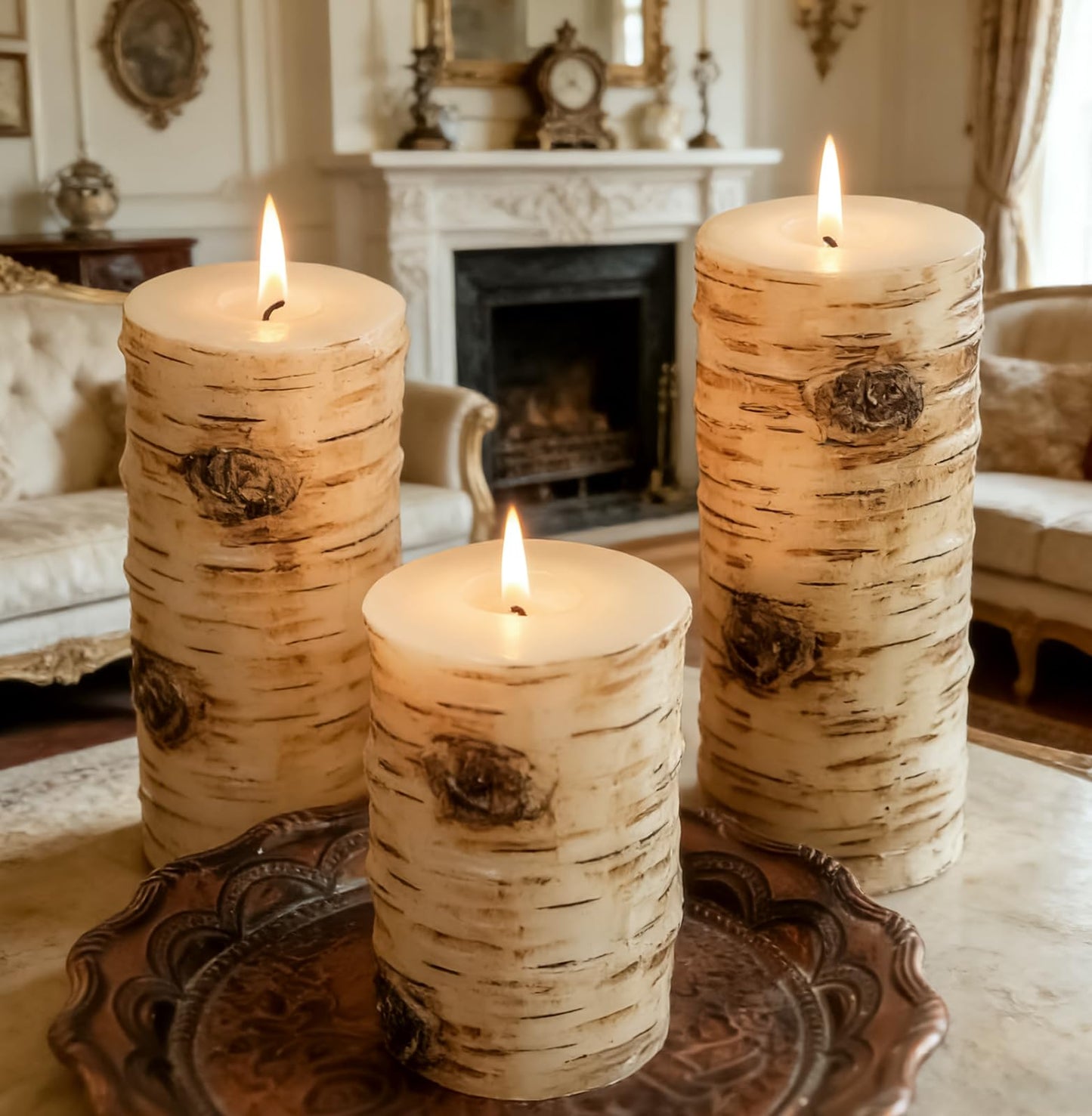 Black Birch Bark Texture Pillar Candles Set - Real Wax 3 Sizes (4", 5", 6" Tall) Rustic Decor Fireplace Candles, Unscented Woodland Style Pillar Candle for Home, Dining Table, Holiday Decor